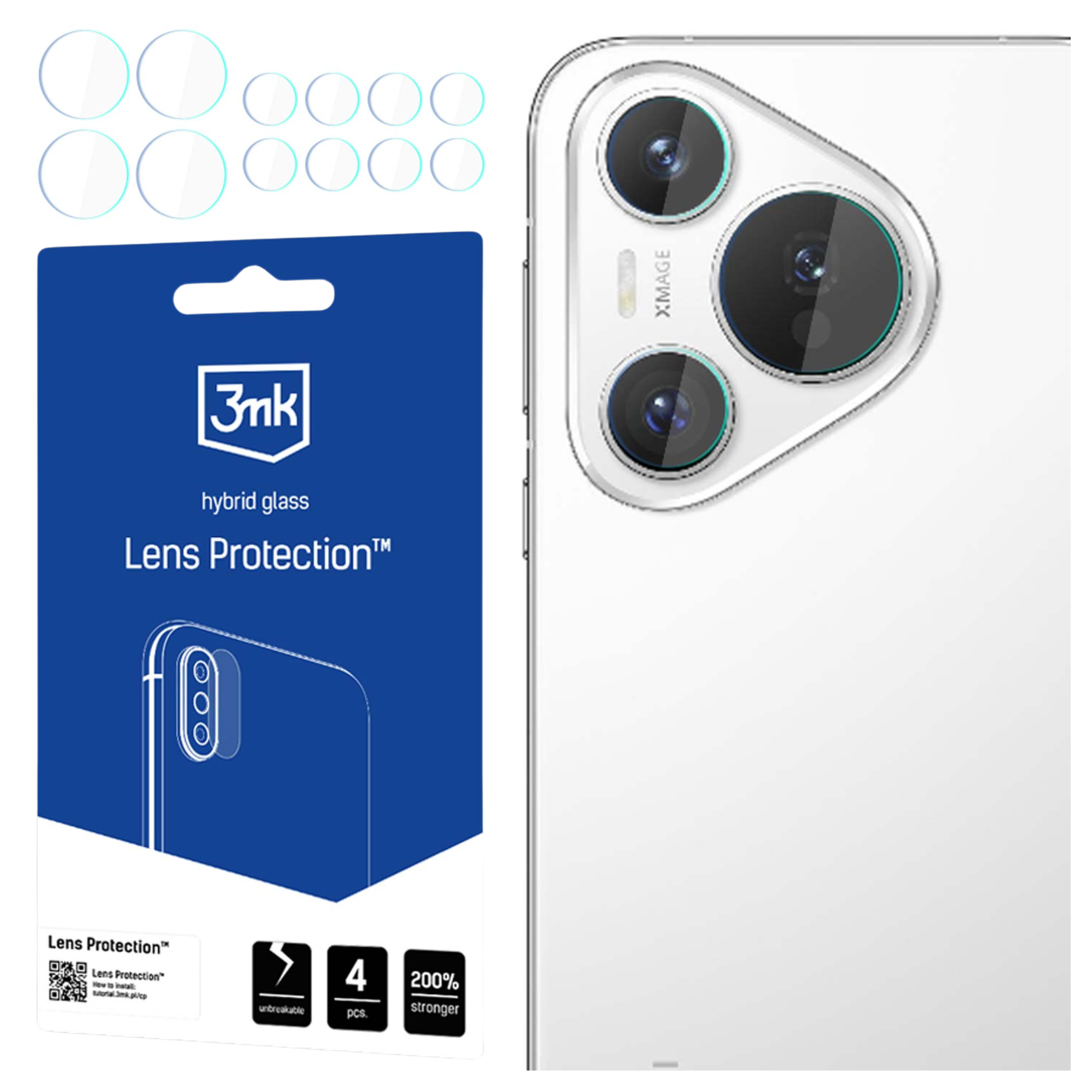 L'immagine mostra un telefono e una confezione di protezione dell'obiettivo. Il telefono ha tre fotocamere. La confezione è blu e dice 'Lens Protection'.