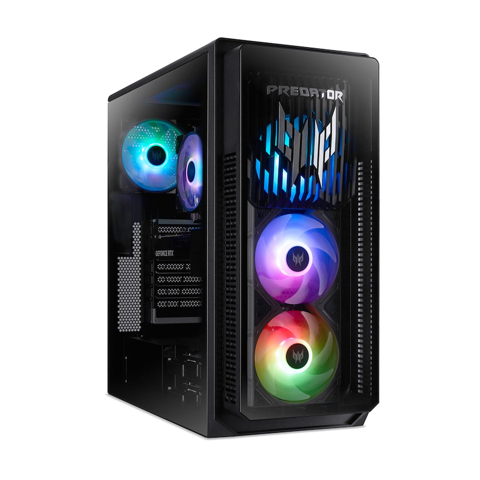 Czarna obudowa Predator PC z wentylatorami RGB. Obudowa ma szklany panel boczny.