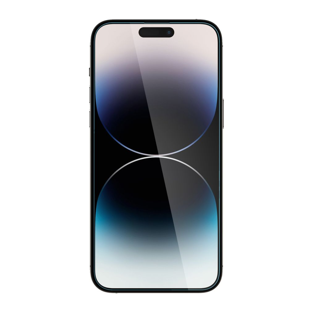Un smartphone avec un cadre noir et un écran affichant un dégradé bleu foncé et blanc. Le haut a une encoche noire.
