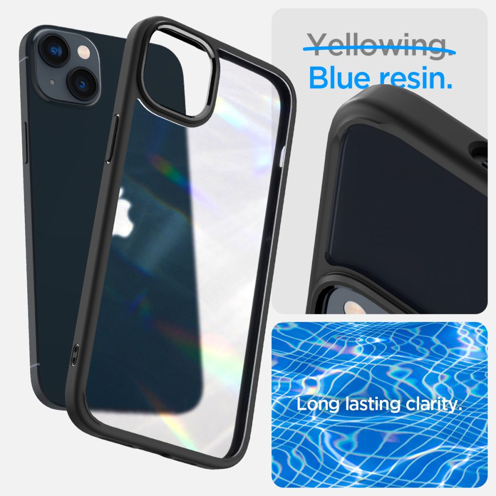 Un telefono in una custodia trasparente. Primi piani mostrano dettagli della custodia, del telefono e testo sulla resina blu e la chiarezza duratura.