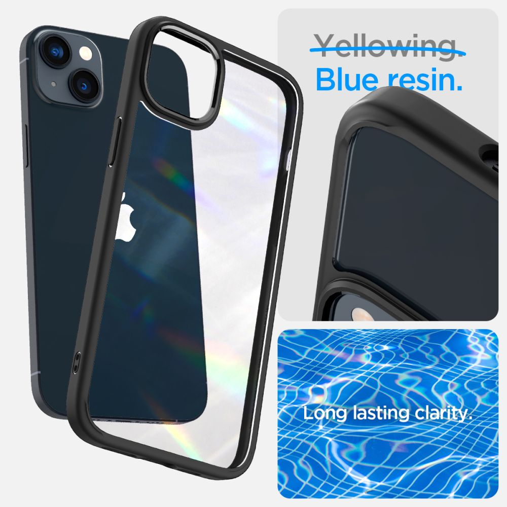 Una custodia per telefono con cornice nera e retro trasparente, accanto a un telefono. Un'etichetta in resina blu e una grafica di piscina.
