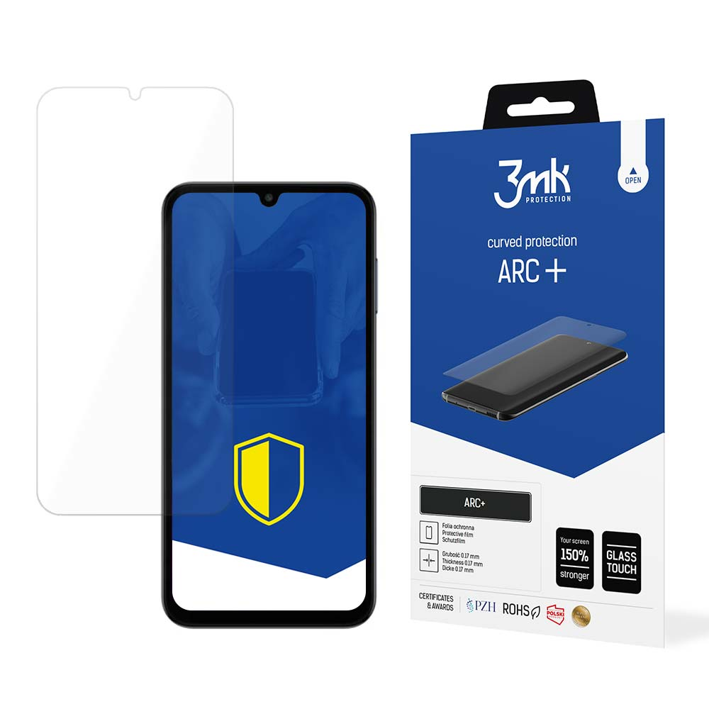 Una protezione per lo schermo del telefono e una scatola. La scatola è blu con il marchio 3mk. Ha un'immagine del telefono e testo.