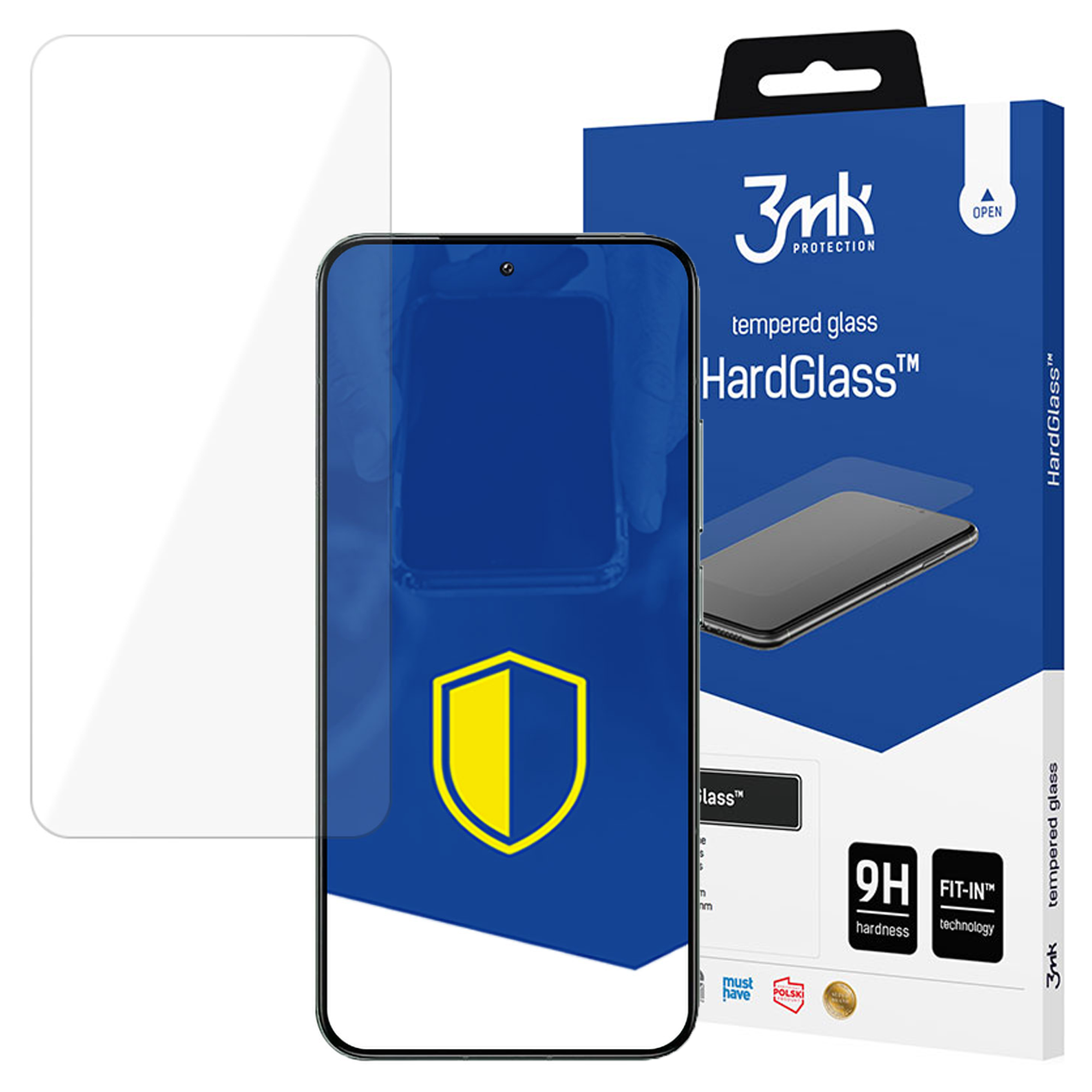 Un proteggi schermo, un telefono e una scatola. La scatola dice HardGlass. Il proteggi schermo e il telefono su sfondo blu.