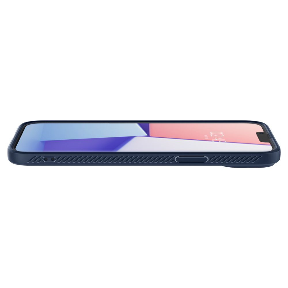 Uno smartphone blu scuro con lo schermo visibile, che mostra uno sfondo colorato. Il telefono è posizionato orizzontalmente su uno sfondo bianco.