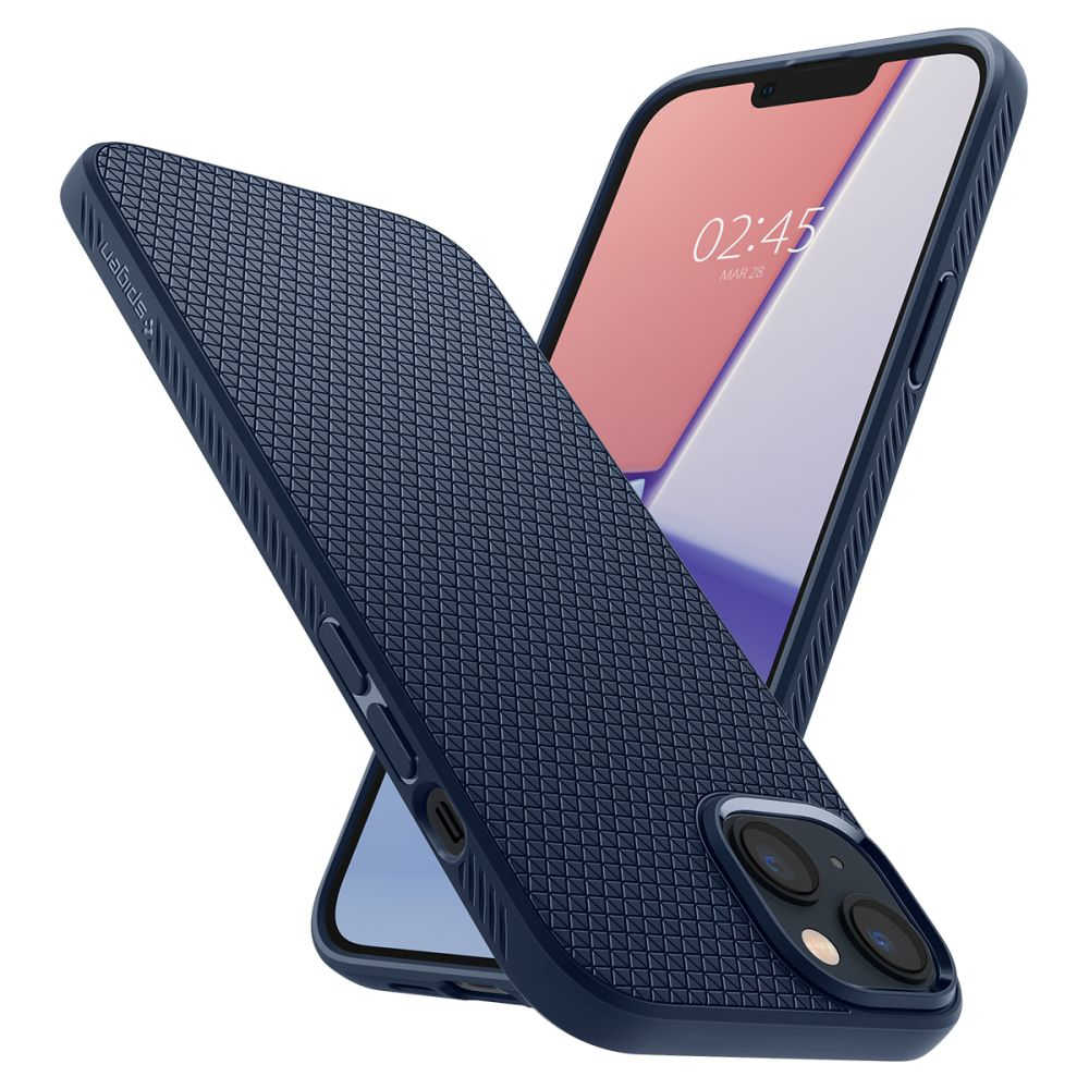 Due custodie blu per telefono, una copre uno schermo che mostra 02:45, 28 marzo. Le custodie hanno una superficie strutturata.