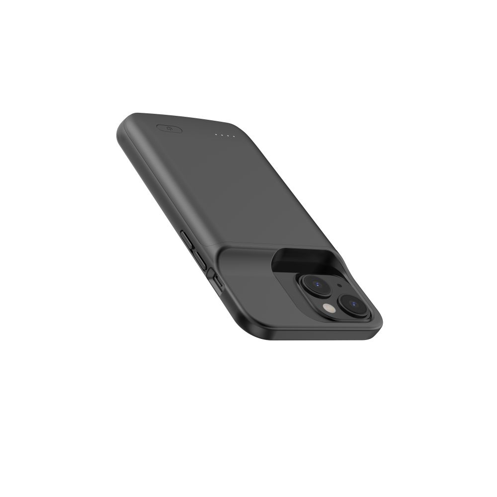 Uno smartphone nero con custodia di ricarica è mostrato angolato. Il telefono ha due fotocamere e un pulsante di accensione.