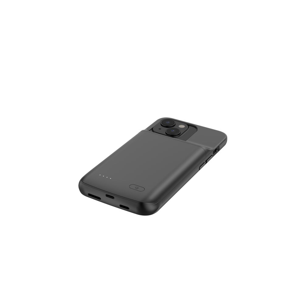 Un telefono grigio scuro con modulo fotocamera nero e pulsante di accensione. Il telefono ha un design elegante con finitura opaca.