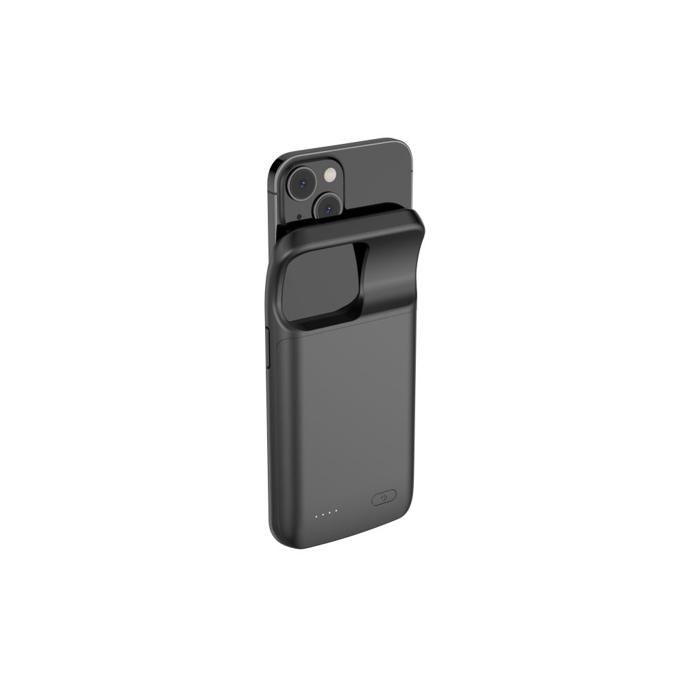 Uno smartphone nero attaccato a una custodia di ricarica nera. La custodia ha una maniglia e le fotocamere del telefono sono visibili.