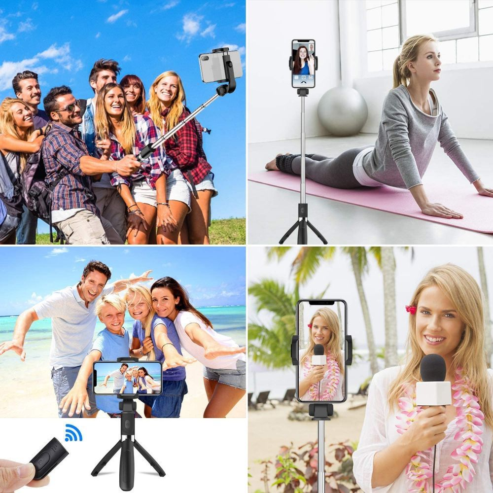 Collage von vier Bildern. Menschen machen Selfies, eine Frau macht Yoga, eine Familie am Strand und eine Frau mit Mikrofon.