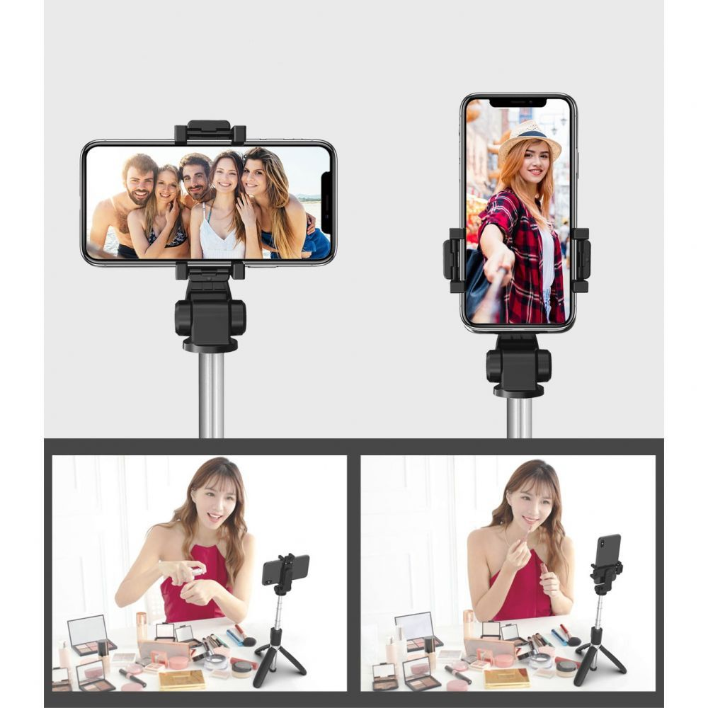 Das Bild zeigt zwei Telefone auf Selfie-Sticks, die Fotos anzeigen. Darunter trägt eine Frau Make-up auf, mit einem Telefon auf einem Stativ.