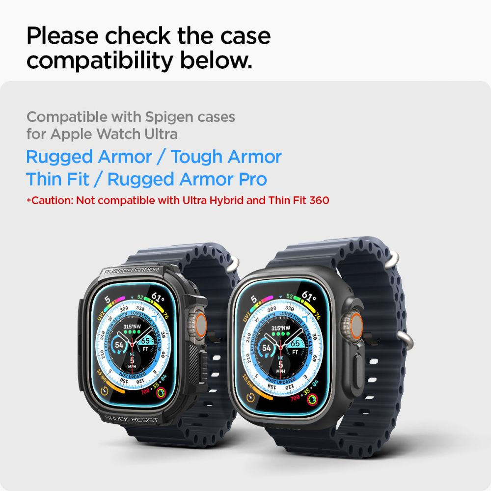 Dwa Apple Watch Ultra z różnymi paskami, czarnym i granatowym, na białym tle z tekstem.