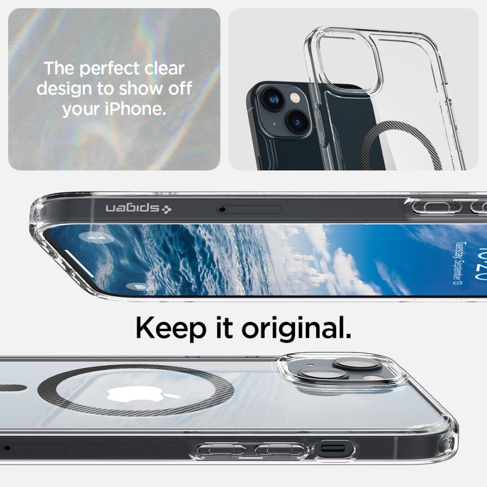 Custodia trasparente per iPhone. In alto la fotocamera e lo schermo. In basso la custodia con il logo Apple. Testo: 'Keep it original'.