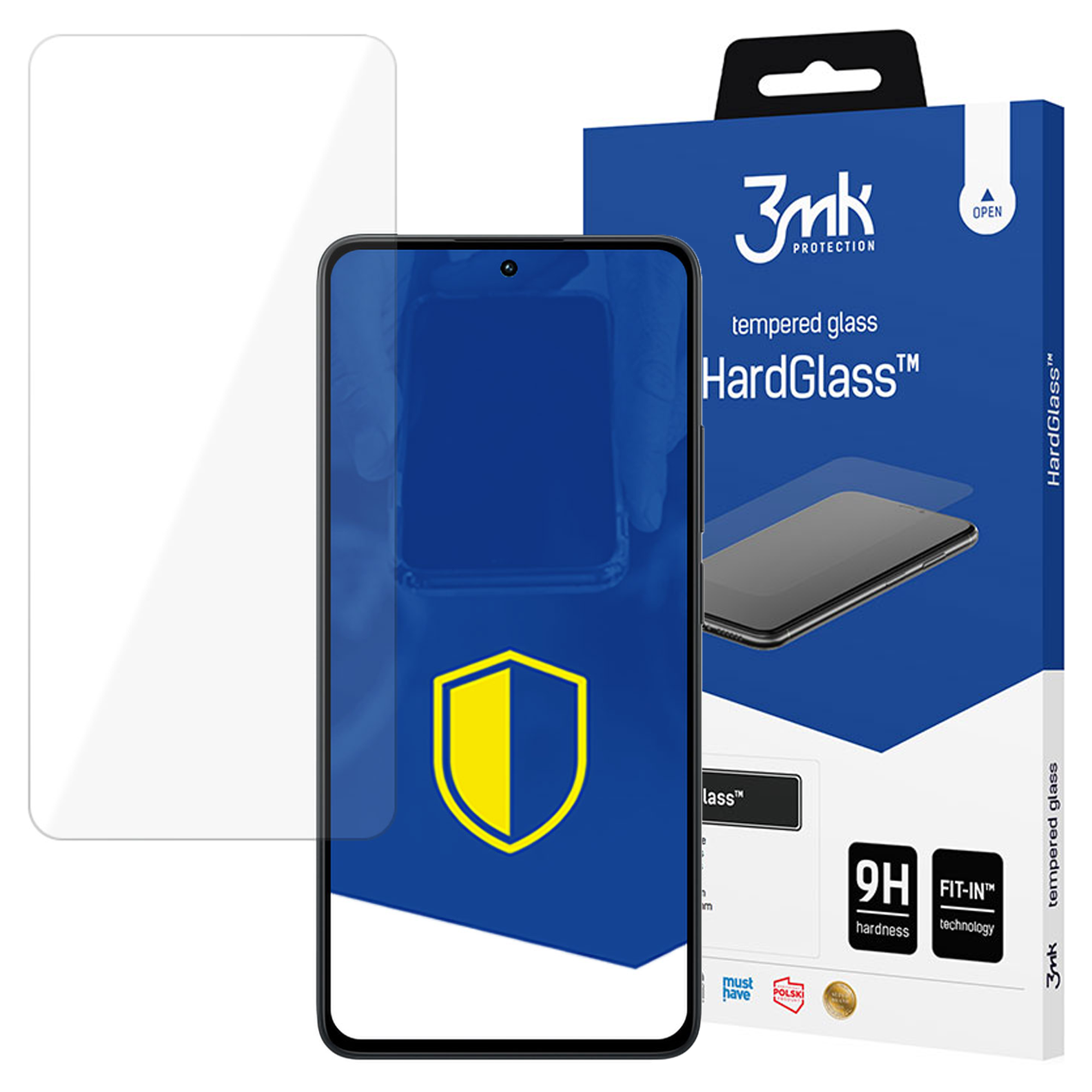 Un proteggi schermo per telefono, un telefono e una scatola sono visualizzati. La scatola riporta la scritta 'HardGlass' e '3mk protection'.