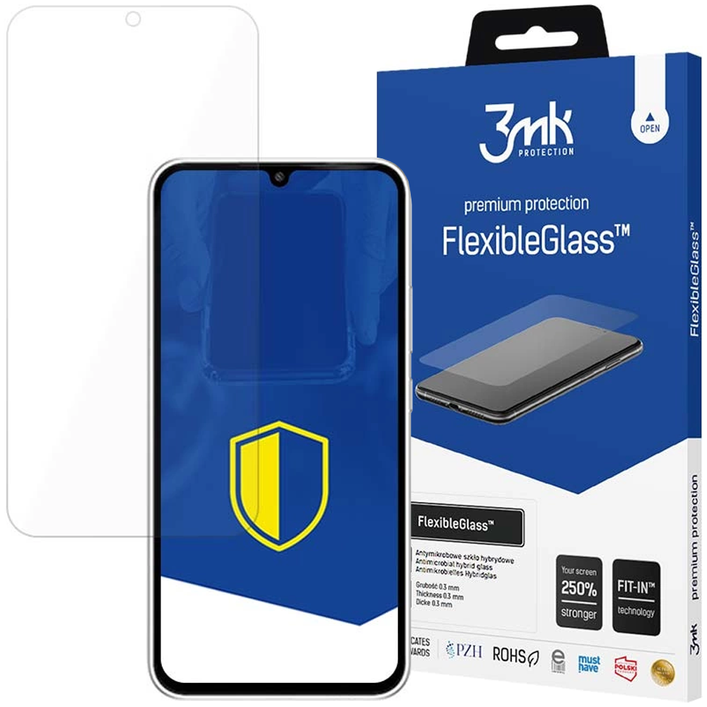 Ochraniacz ekranu i pudełko. Na pudełku napis FlexibleGlass. Na pudełku jest telefon. Ochraniacz jest po lewej stronie.