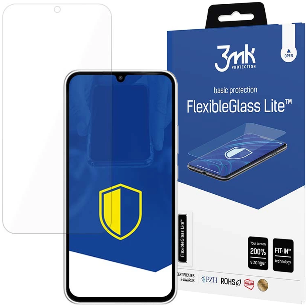 Un telefono con protezione schermo e scatola. La scatola ha un'immagine del telefono e il testo 'FlexibleGlass Lite'.