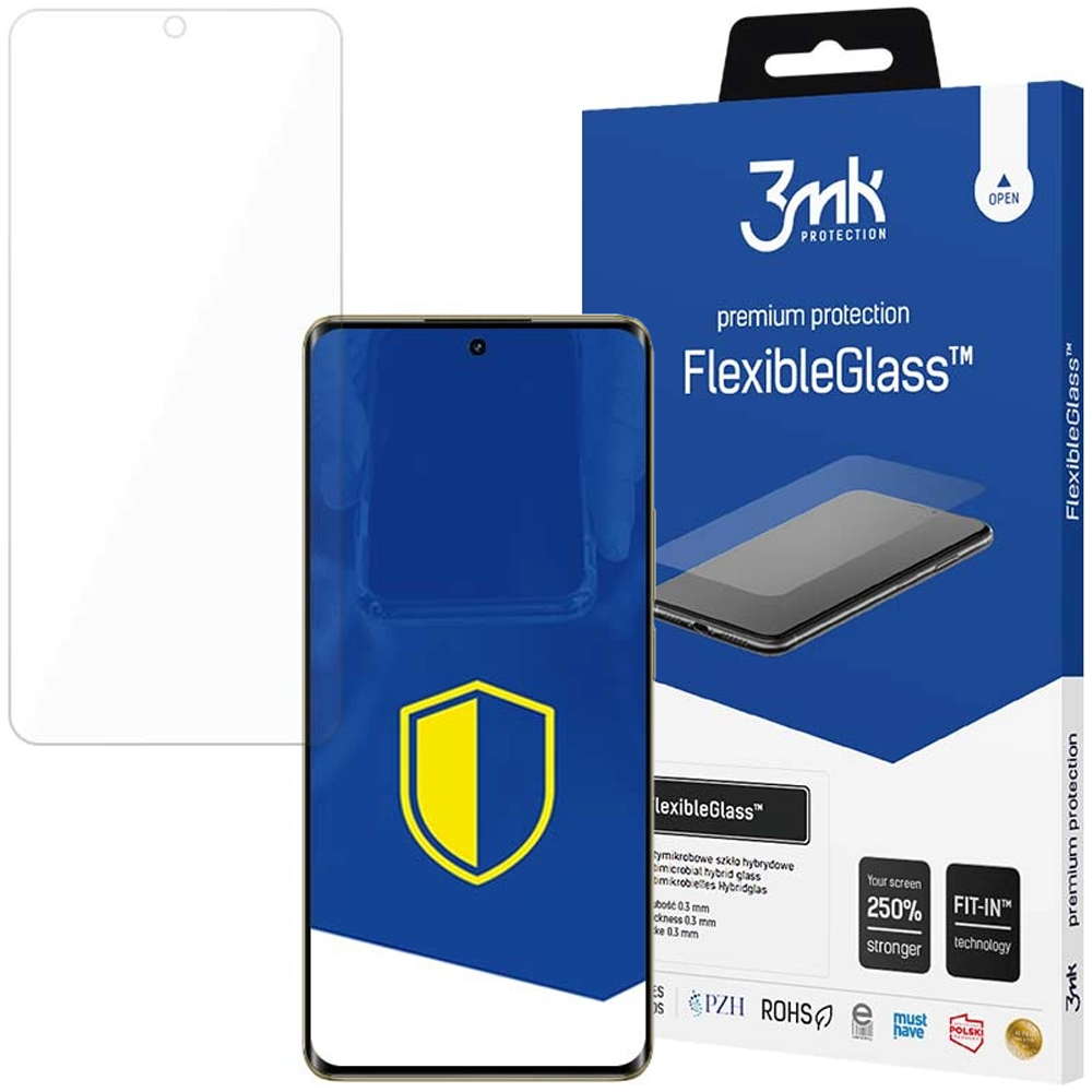 Un telefono e una protezione per lo schermo sono esposti con il logo FlexibleGlass. Sono visibili una scatola blu e una protezione per lo schermo trasparente.