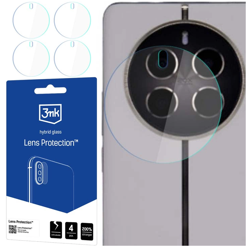 La parte posteriore di un telefono con un modulo fotocamera è mostrata accanto a una confezione del prodotto con protezione dell'obiettivo, quattro protezioni in vetro e il logo 3mk.