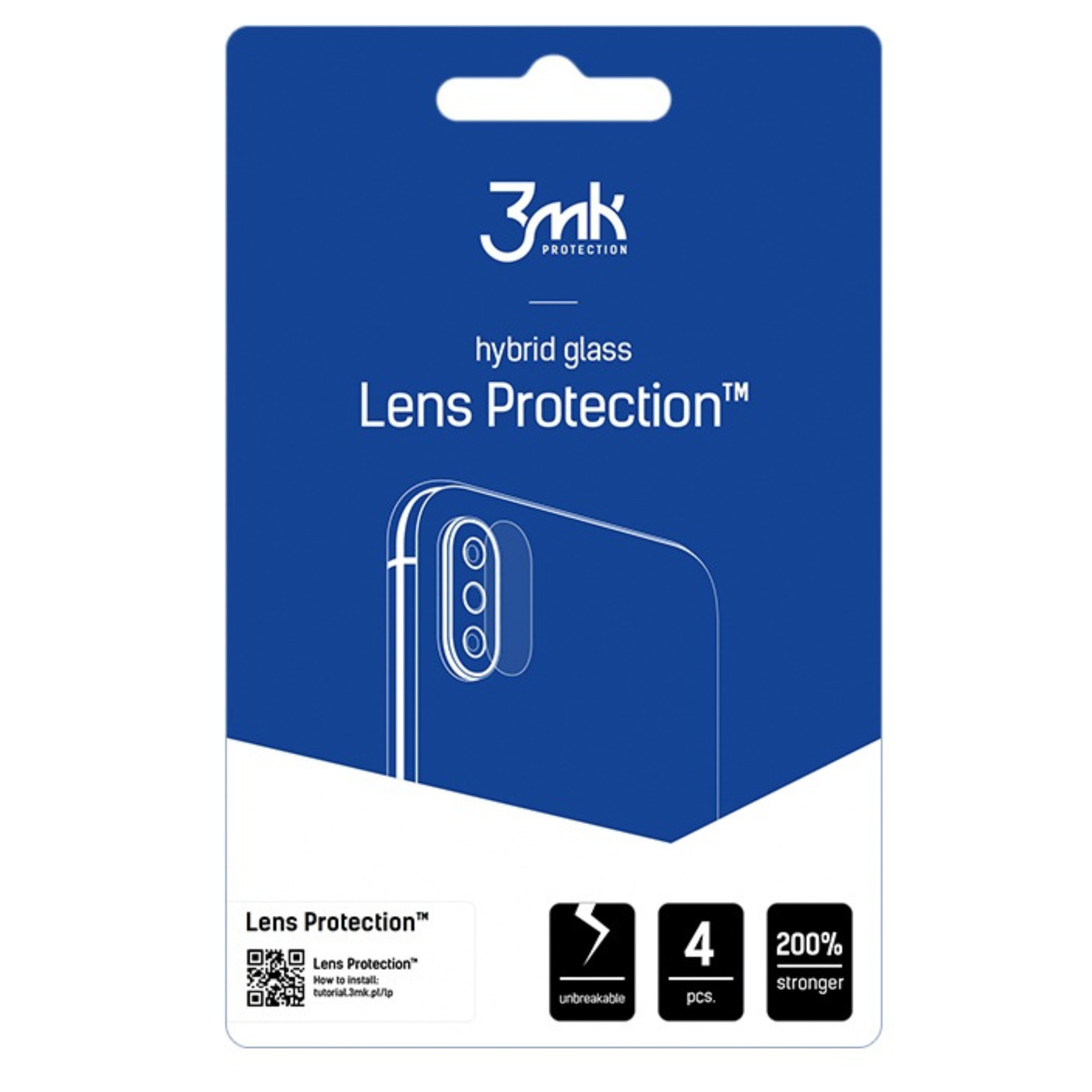 Niebieskie opakowanie Lens Protection, ze szczegółami produktu i obrysem telefonu. Zawiera ikony i tekst.