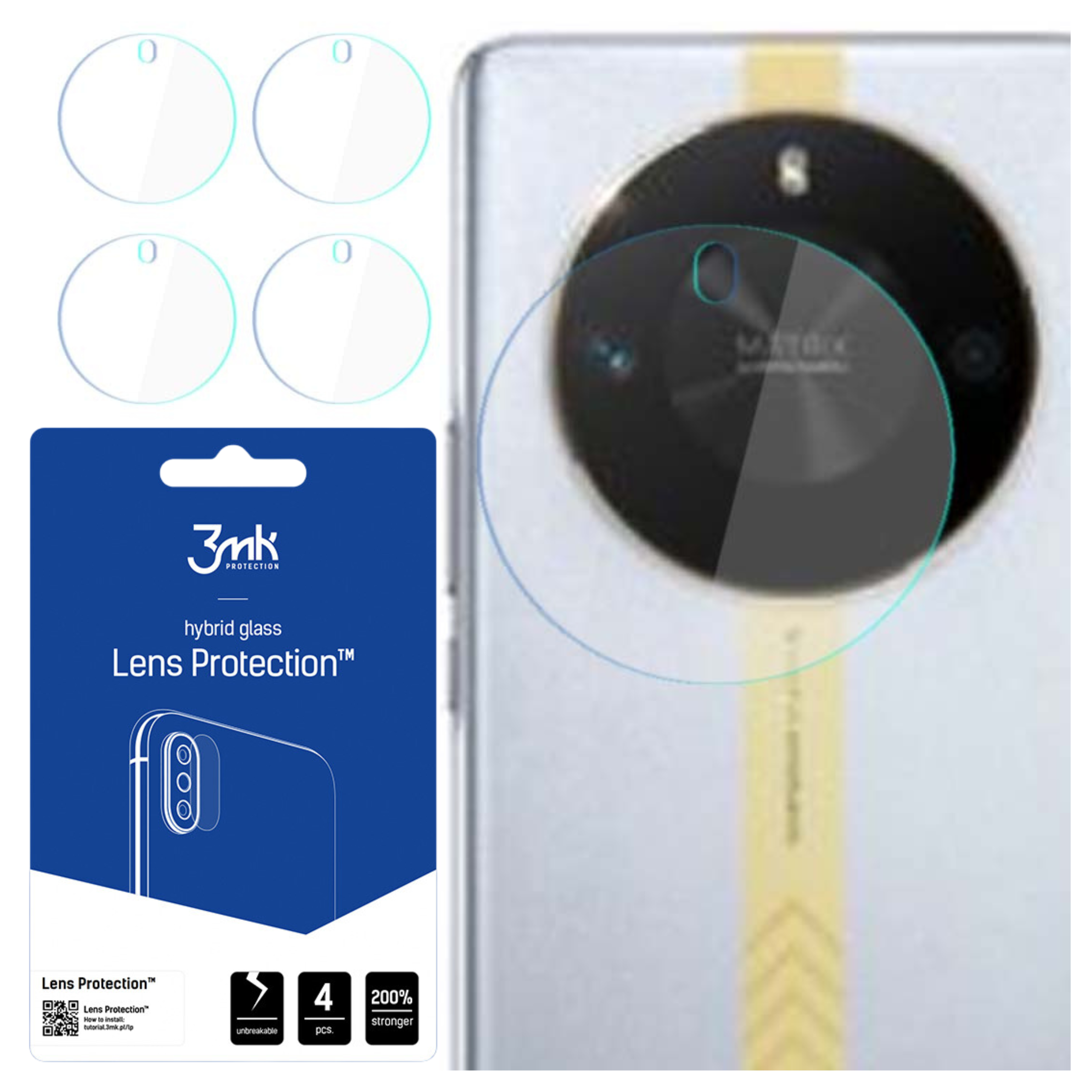L'immagine mostra protezioni per lenti, fotocamera per smartphone e confezione. Le protezioni sono trasparenti, la confezione blu e bianca.