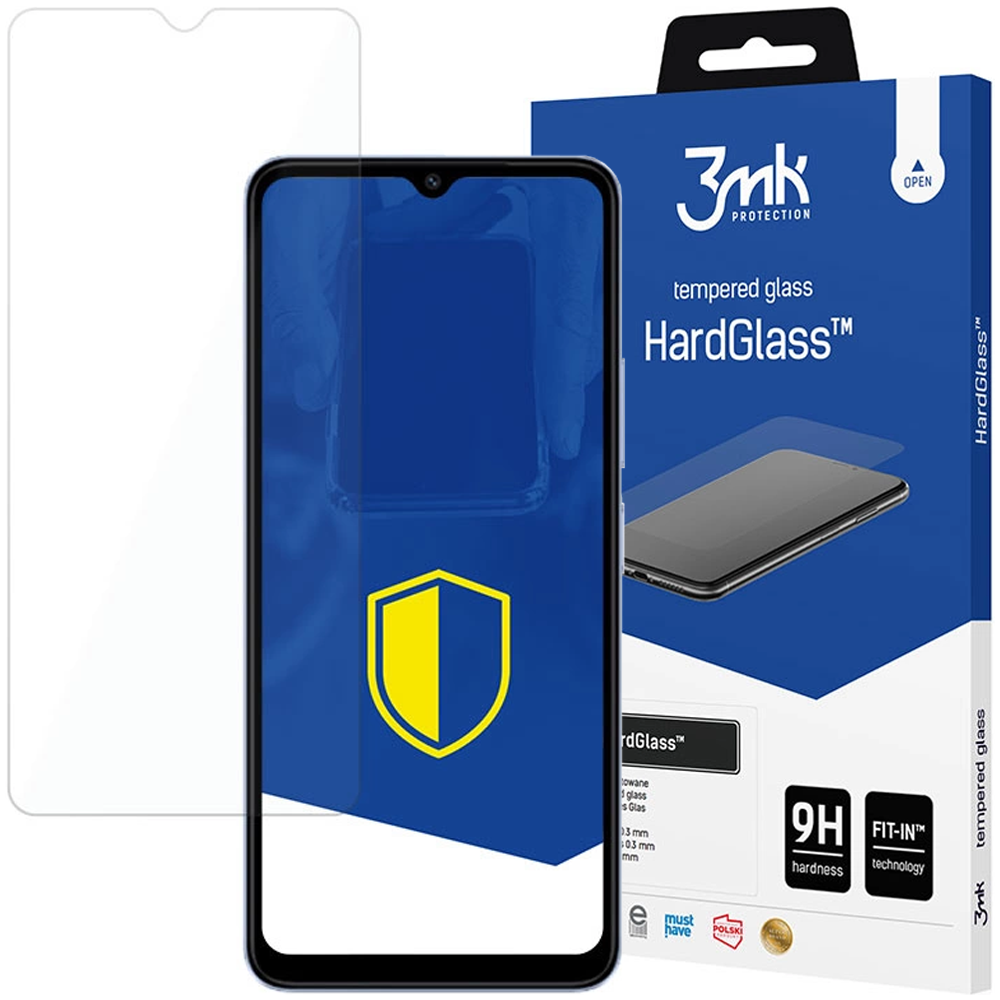 Ochraniacz ekranu telefonu i pudełko. Na pudełku napis 'HardGlass'. Telefon jest czarny z żółtym logo tarczy.