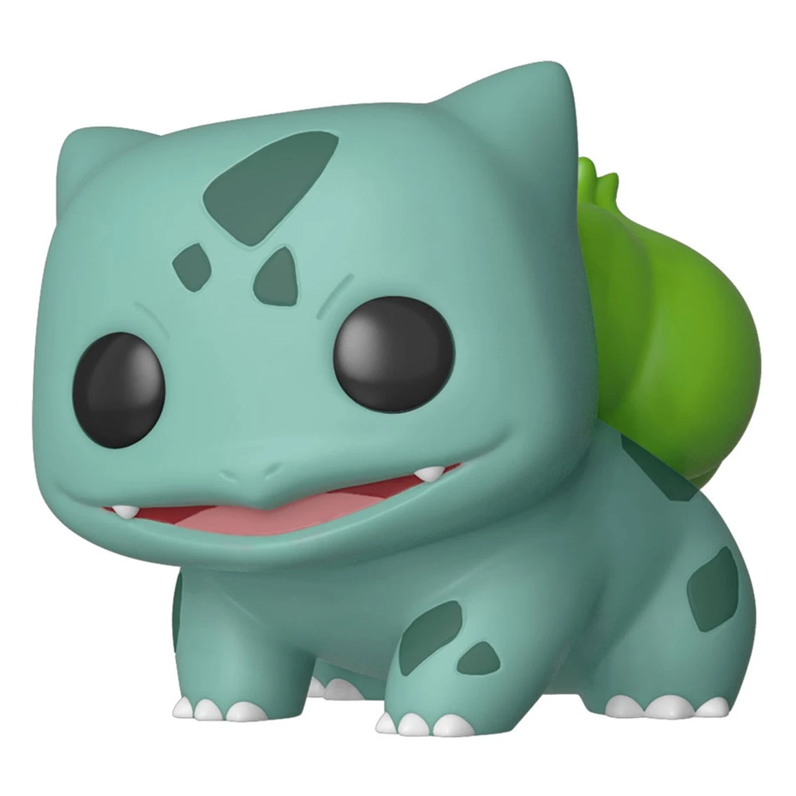 Eine Bulbasaur-Figur, teal-grün mit schwarzen Augen und einem lächelnden Mund. Auf dem Rücken befindet sich eine grüne Knolle. Weißer Hintergrund.