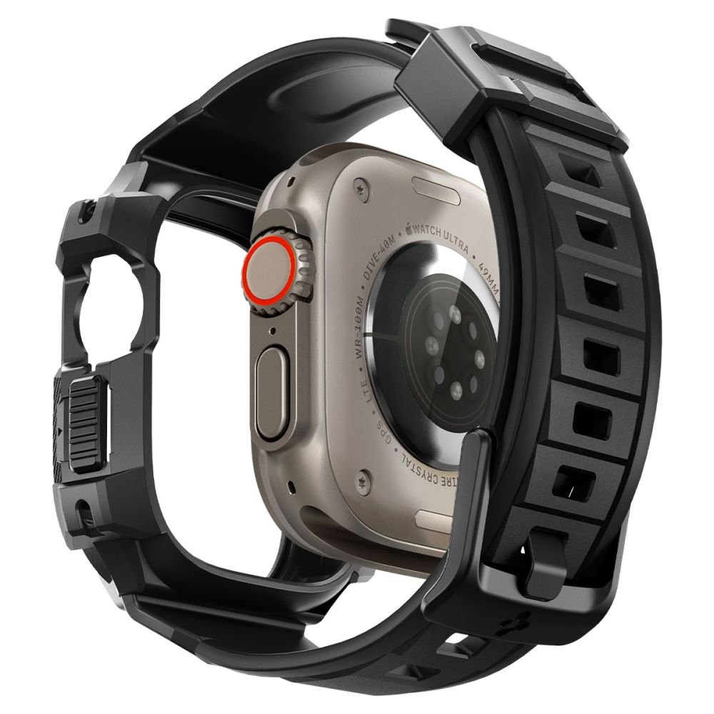 A silver Apple Watch Ultra in a black protective case. The watch has a red button. Black strap with square cutouts.