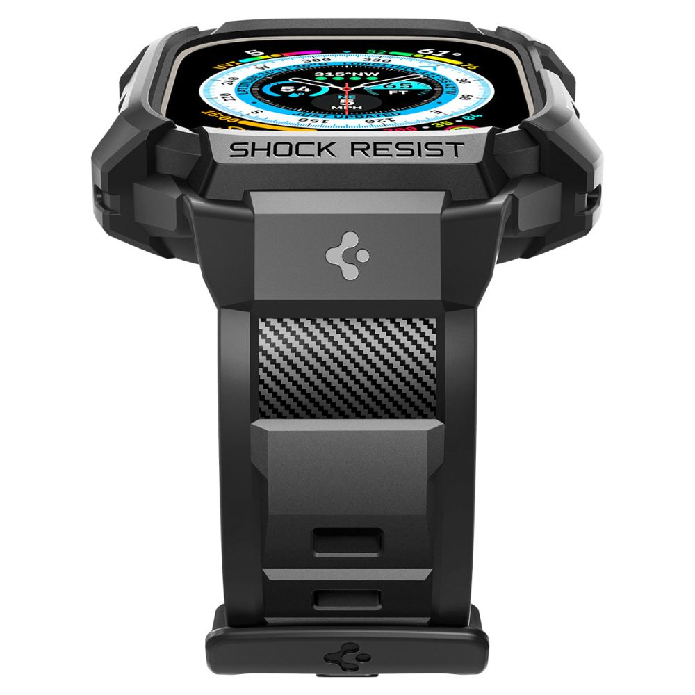 Black smartwatch with a digital display showing compass and speed details. It has a rugged design with 'SHOCK RESIST' written on it.