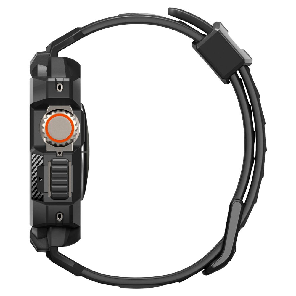 Side view of a black smartwatch with a circular orange accent on the dial. The watch band is also black.