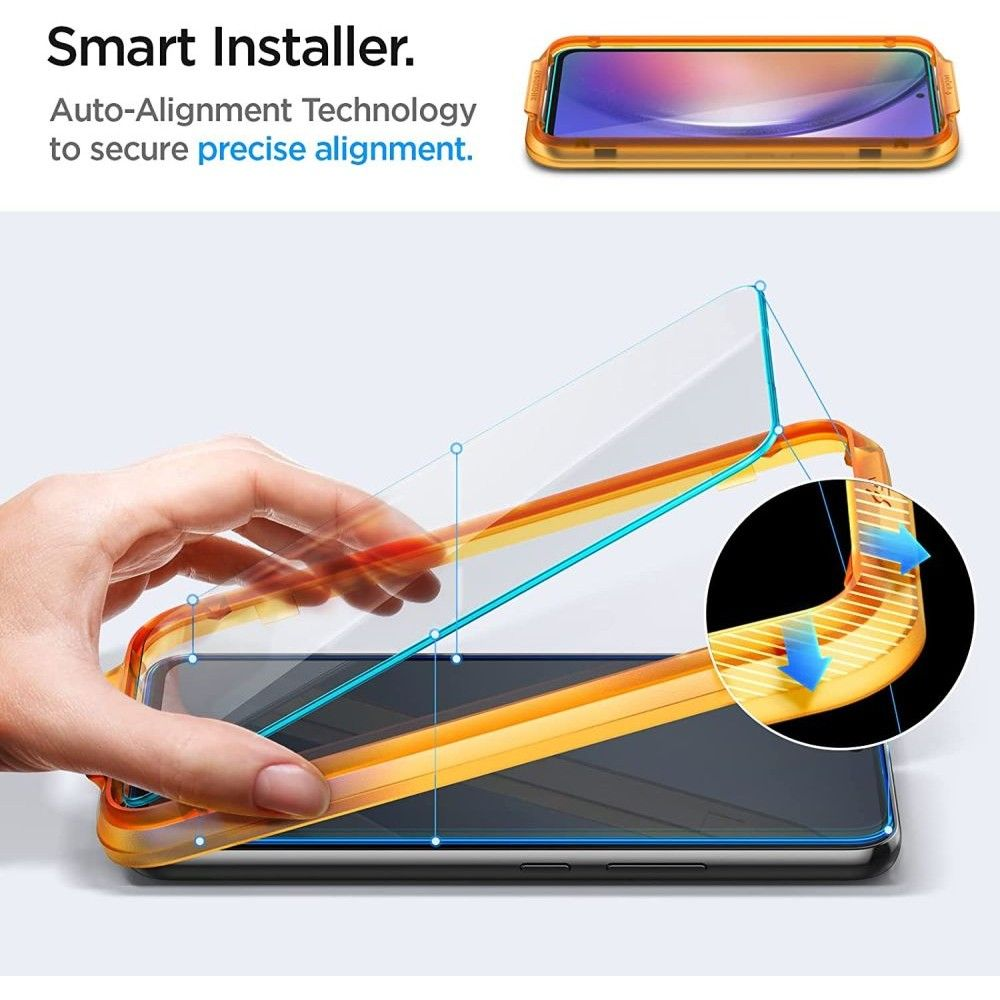 Une main plaçant un téléphone dans un étui orange. L'étui a un couvercle transparent. Le fond montre un étui de téléphone et le texte : Smart Installer.