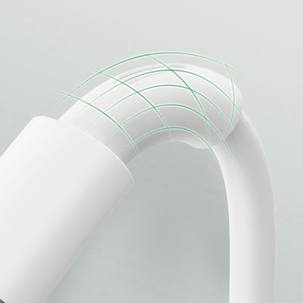 Un objet blanc et incurvé avec une section cylindrique. Des lignes de grille vertes recouvrent la partie incurvée. Le fond est gris doux.