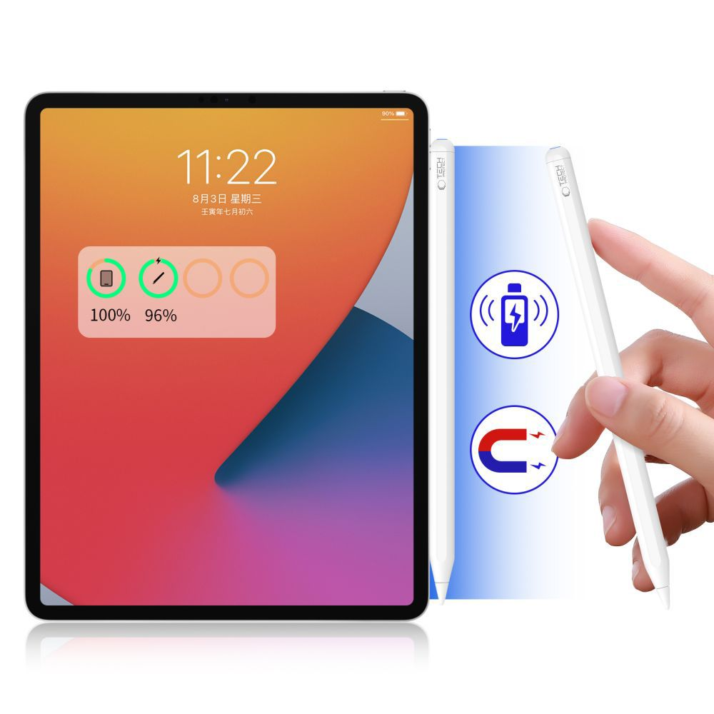 Tablet zeigt Zeit und Akku an. Weißer Stift mit Lade- und Magnetsymbolen. Hand hält Stift. Hintergrund ist ein Farbverlauf.
