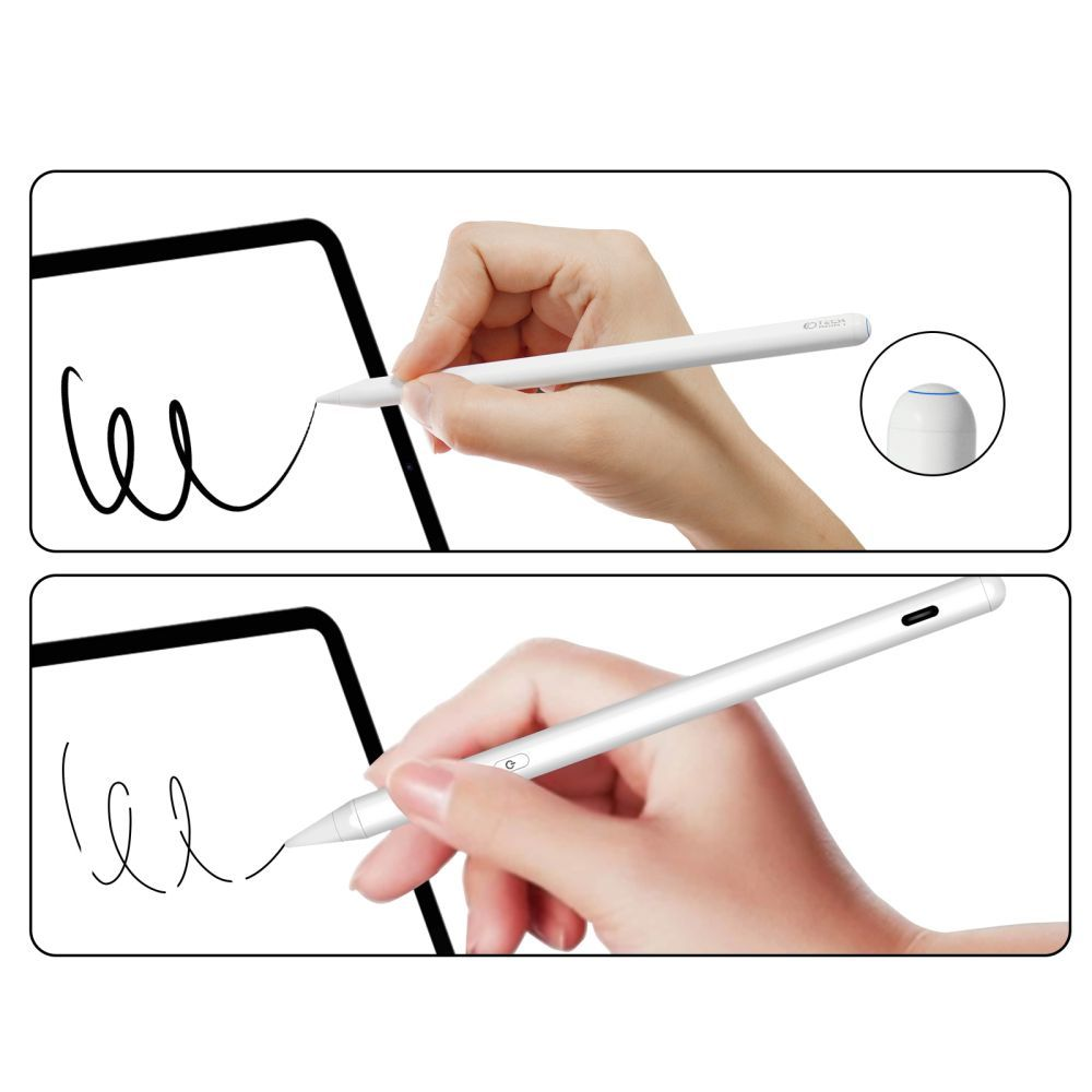 Das Bild zeigt Hände, die einen weißen Stift halten und auf einem schwarzen Bildschirm zeichnen. Eine Nahaufnahme zeigt die Stiftspitze und ein rundes Symbol.