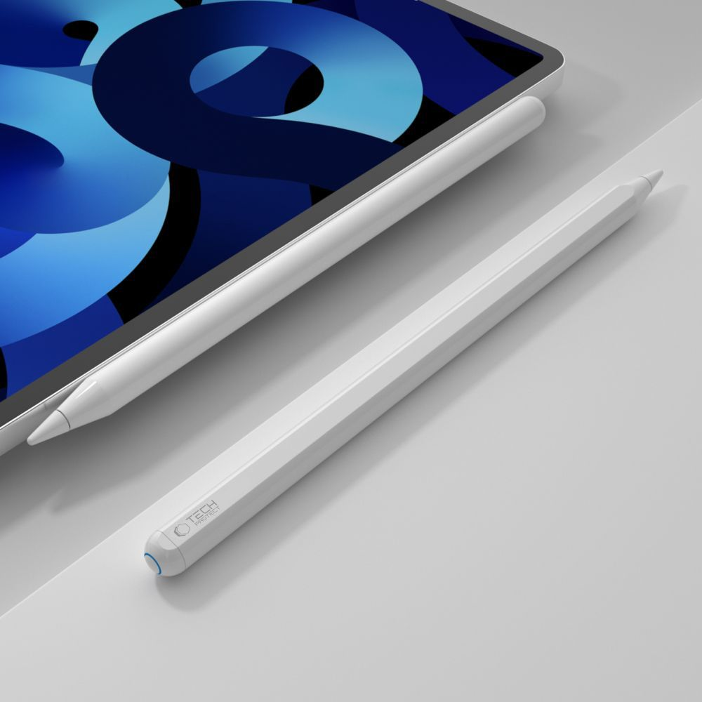 Ein weißer Stift und ein Tablet liegen auf einer weißen Oberfläche. Das Tablet zeigt ein blaues abstraktes Design. Der Stift liegt in der Nähe des Tablets.