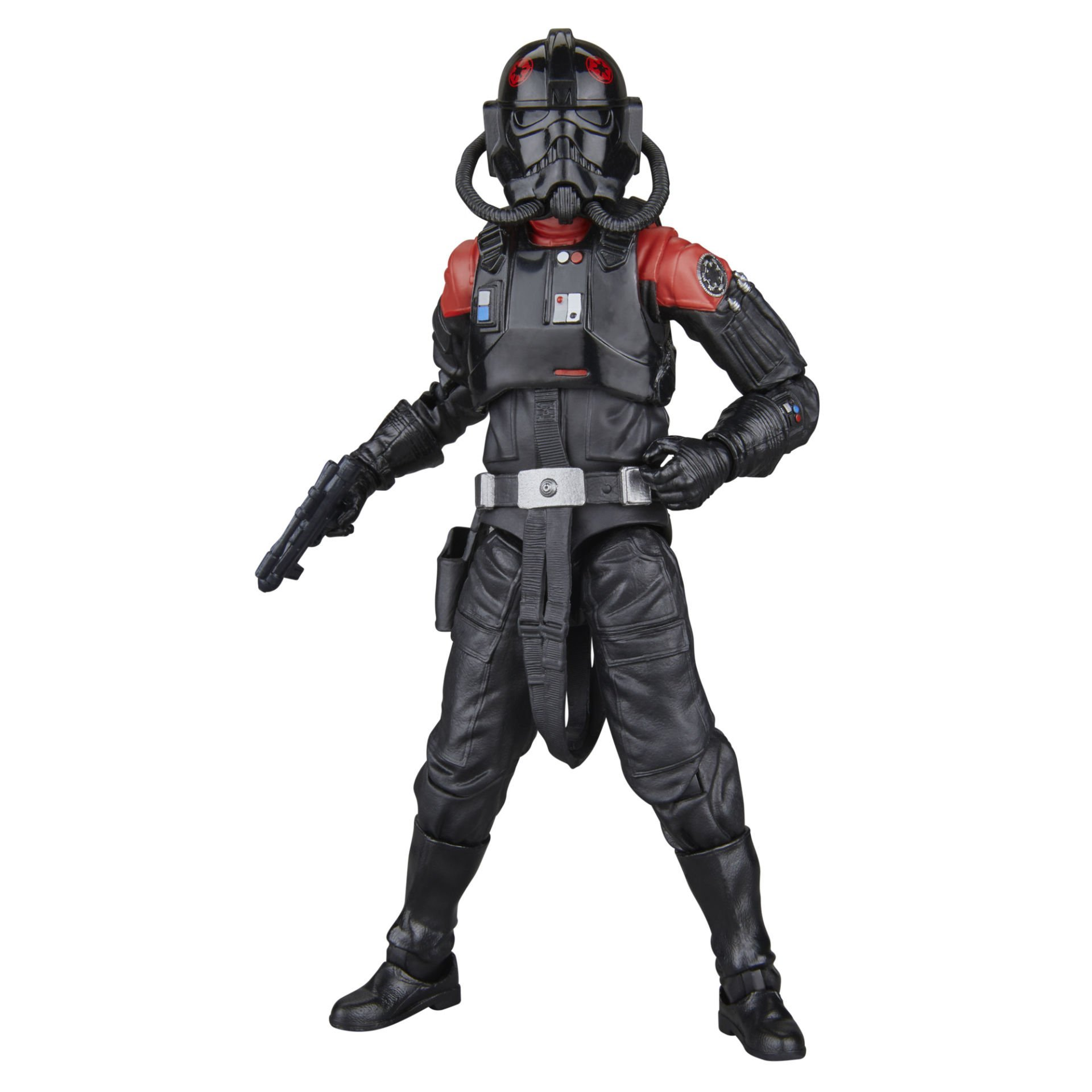 Ayakta duran bir Star Wars TIE savaşçısı pilot aksiyon figürü. Kırmızı detaylı siyah bir üniforma giyiyor ve bir patlayıcı tutuyor.