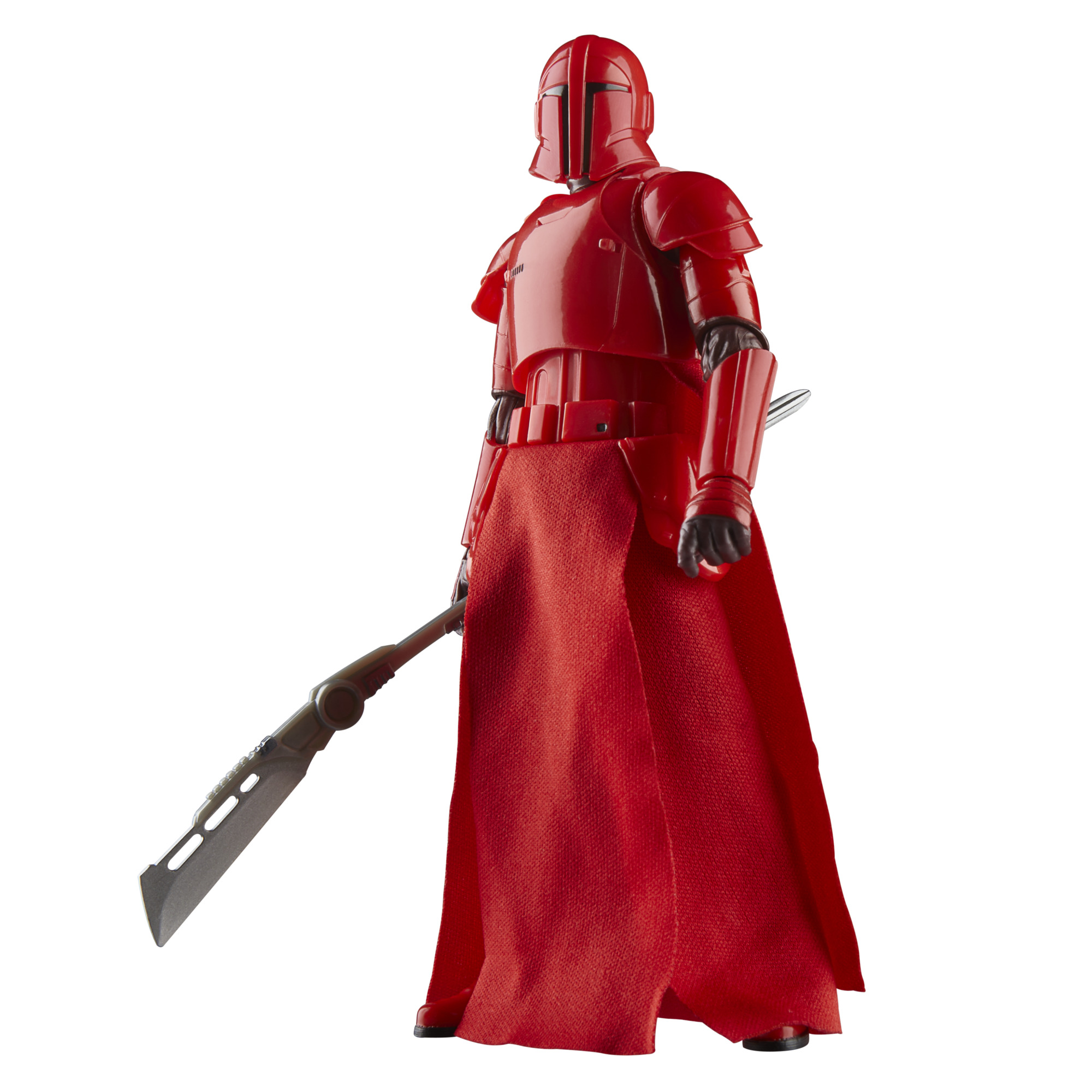Kırmızı zırhlı, silahlı bir figür beyaz zemin üzerinde duruyor. Figür bir Star Wars Elite Praetorian Guard.
