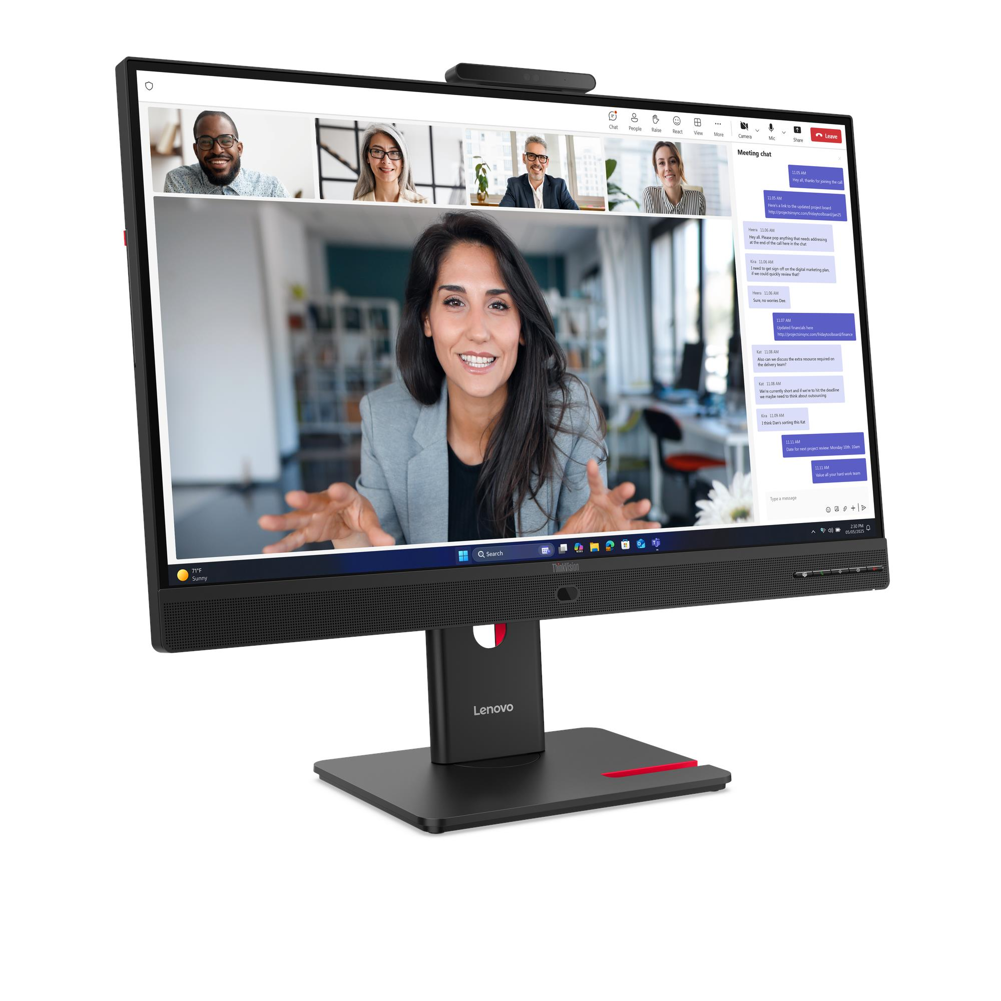 Monitor Lenovo wyświetla rozmowę wideo z pięcioma osobami. Kobieta pośrodku uśmiecha się i gestykuluje rękami.
