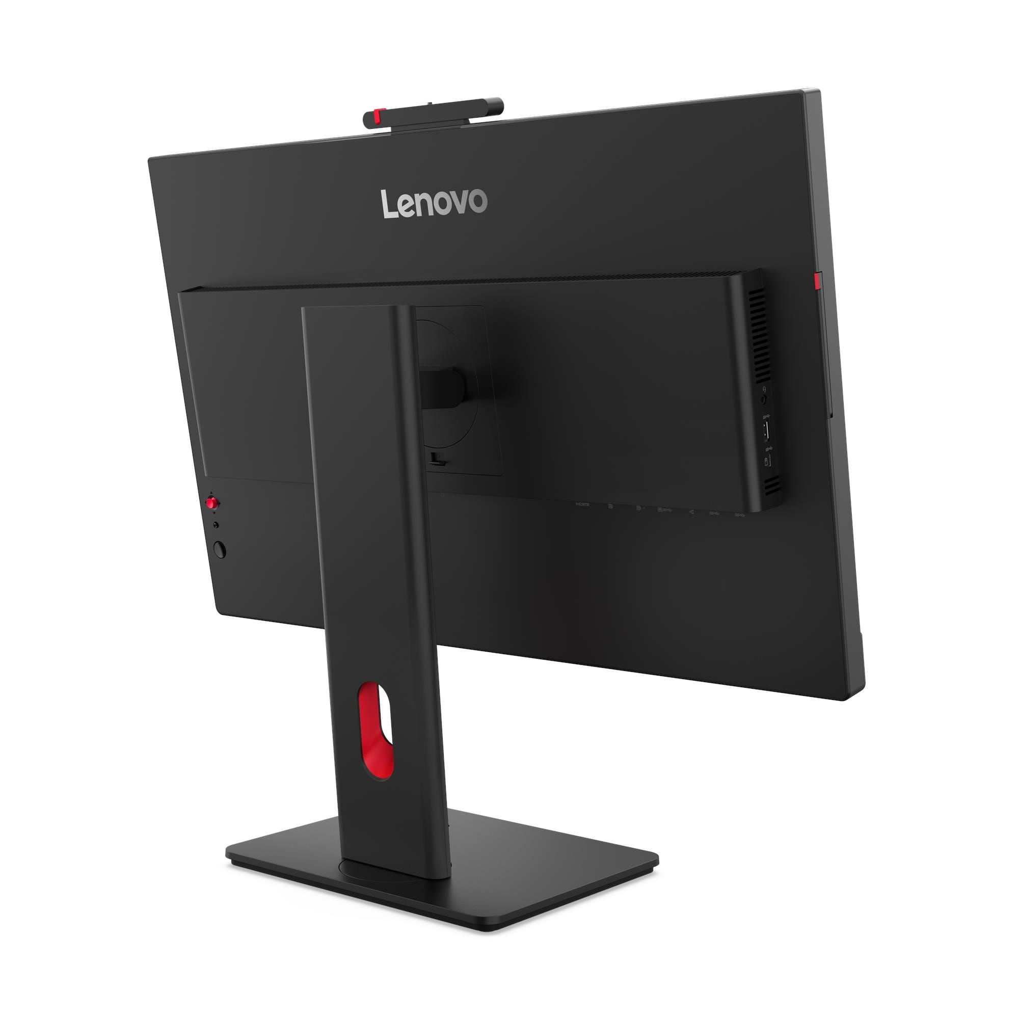 Czarny komputer Lenovo all-in-one. Czerwone akcenty na podstawie i kamerze internetowej. Widok z tyłu. Białe tło.