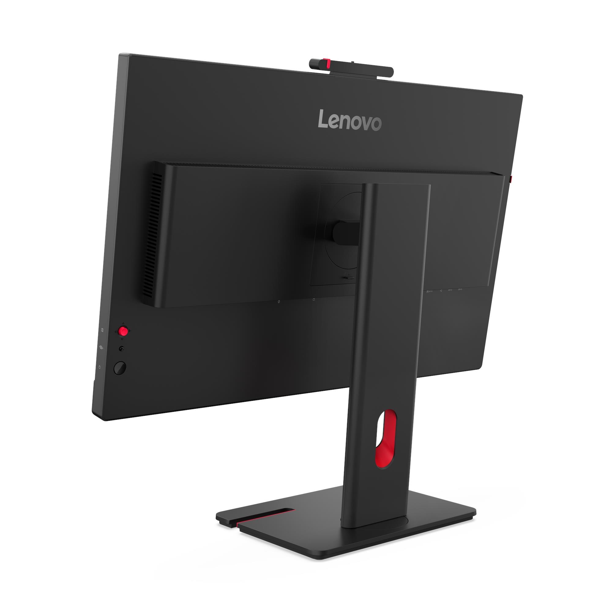 Widok z tyłu czarnego monitora Lenovo z czerwonymi akcentami. Ma kamerę internetową na górze i podstawę z czerwonym wycięciem.