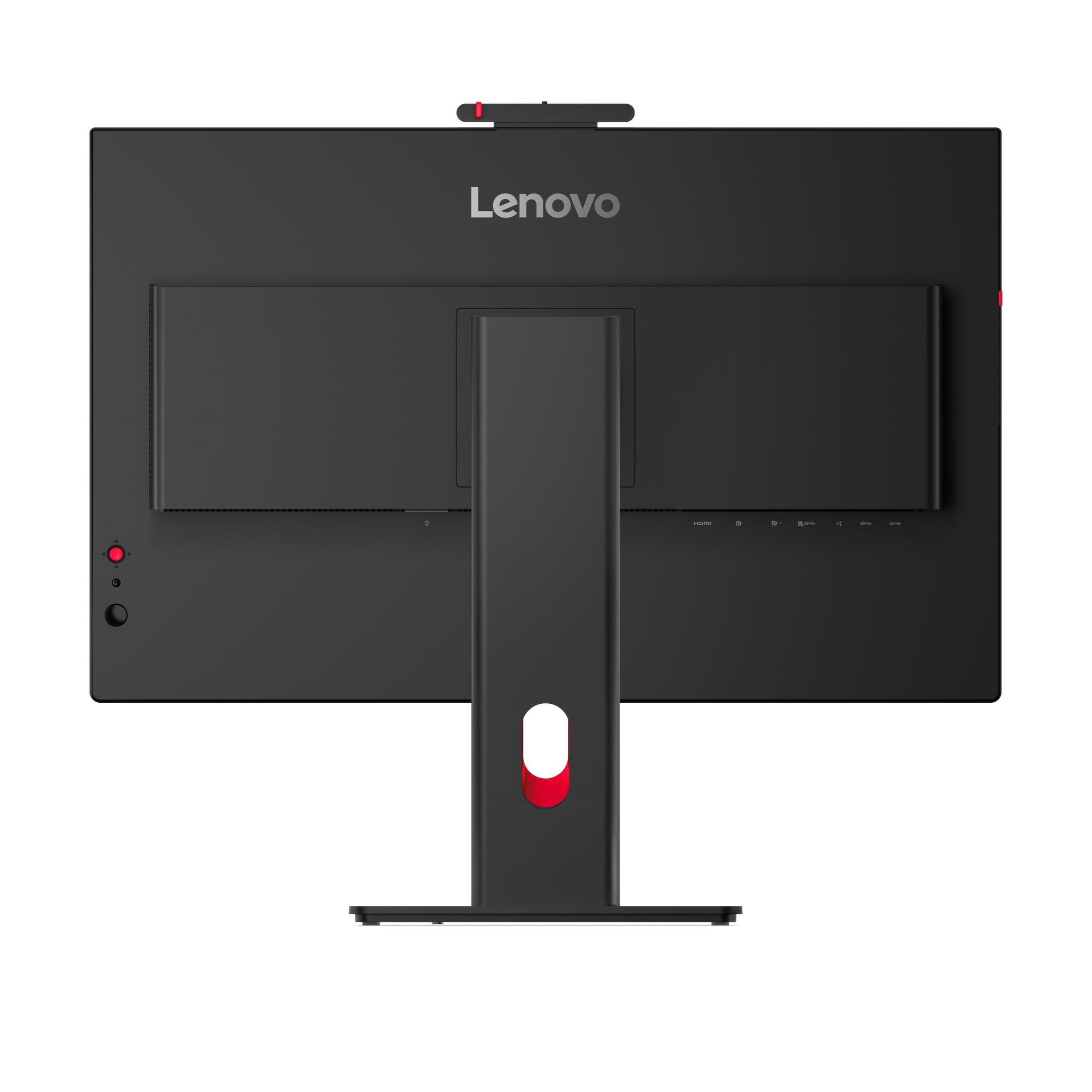 Czarny monitor Lenovo z tyłu. Cechy to: podstawa, porty i czerwony akcent. Kamera internetowa jest na górze.