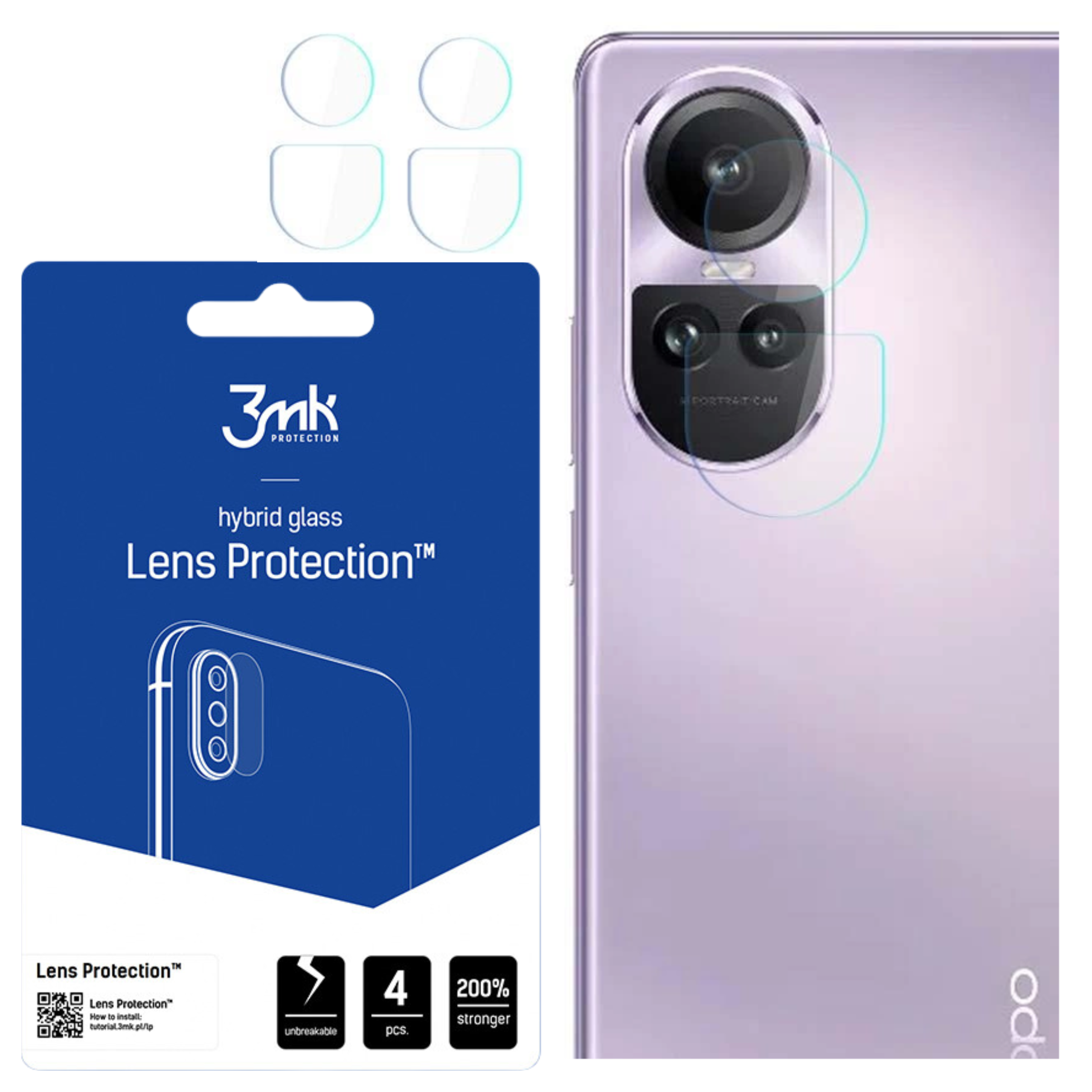 Un telefono e protezioni per lenti. La confezione blu contiene informazioni sul prodotto. Il telefono è viola con lenti della fotocamera.