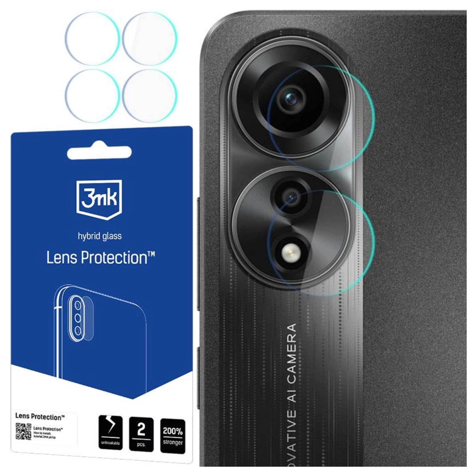Una fotocamera del telefono con protezioni per lenti, una confezione blu di protezione per lenti e il retro di un telefono con contorno della fotocamera.