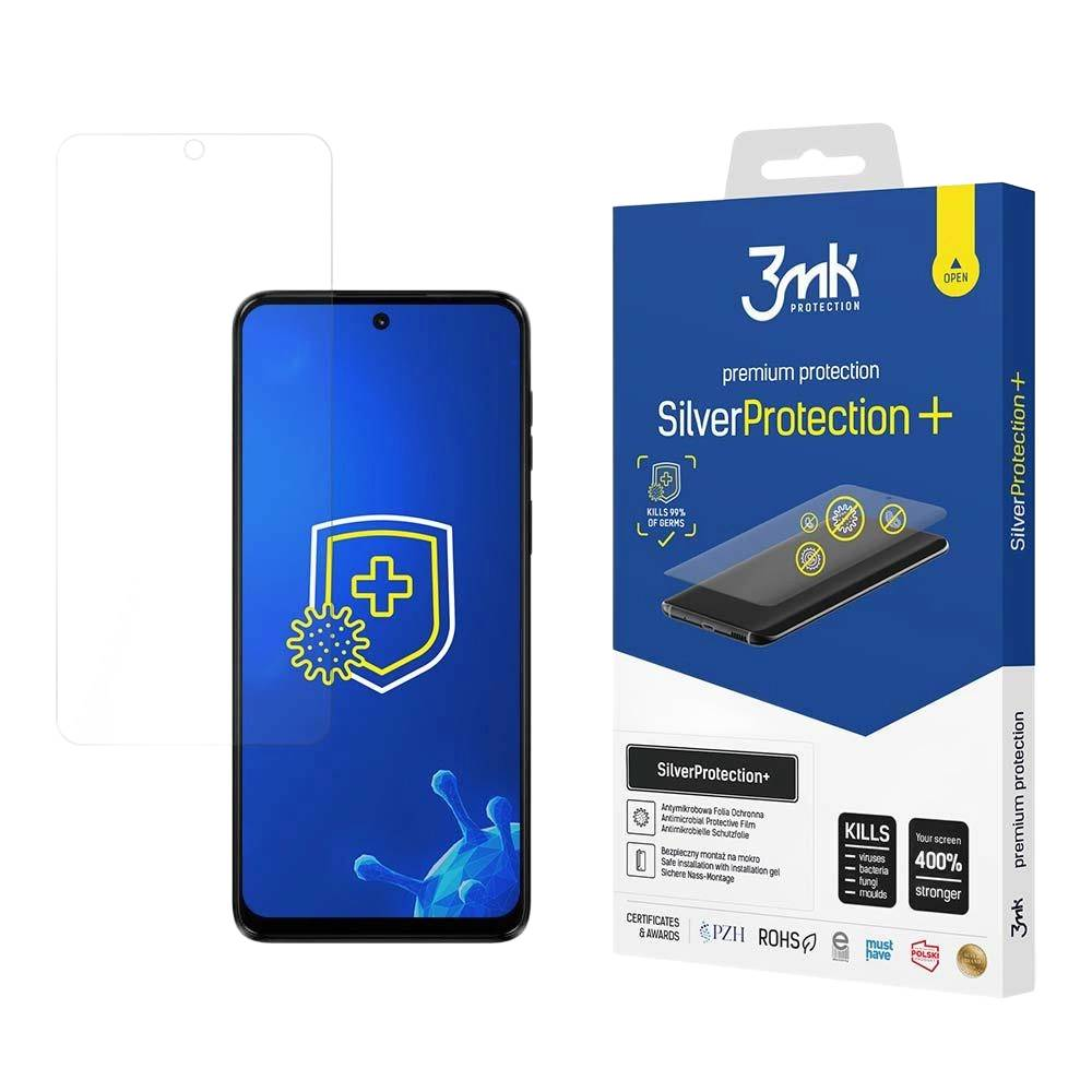 Pudełko ochronne na ekran telefonu. Pudełko jest niebieskie, z ekranem telefonu i znakiem plus. Napisano Silver Protection+.