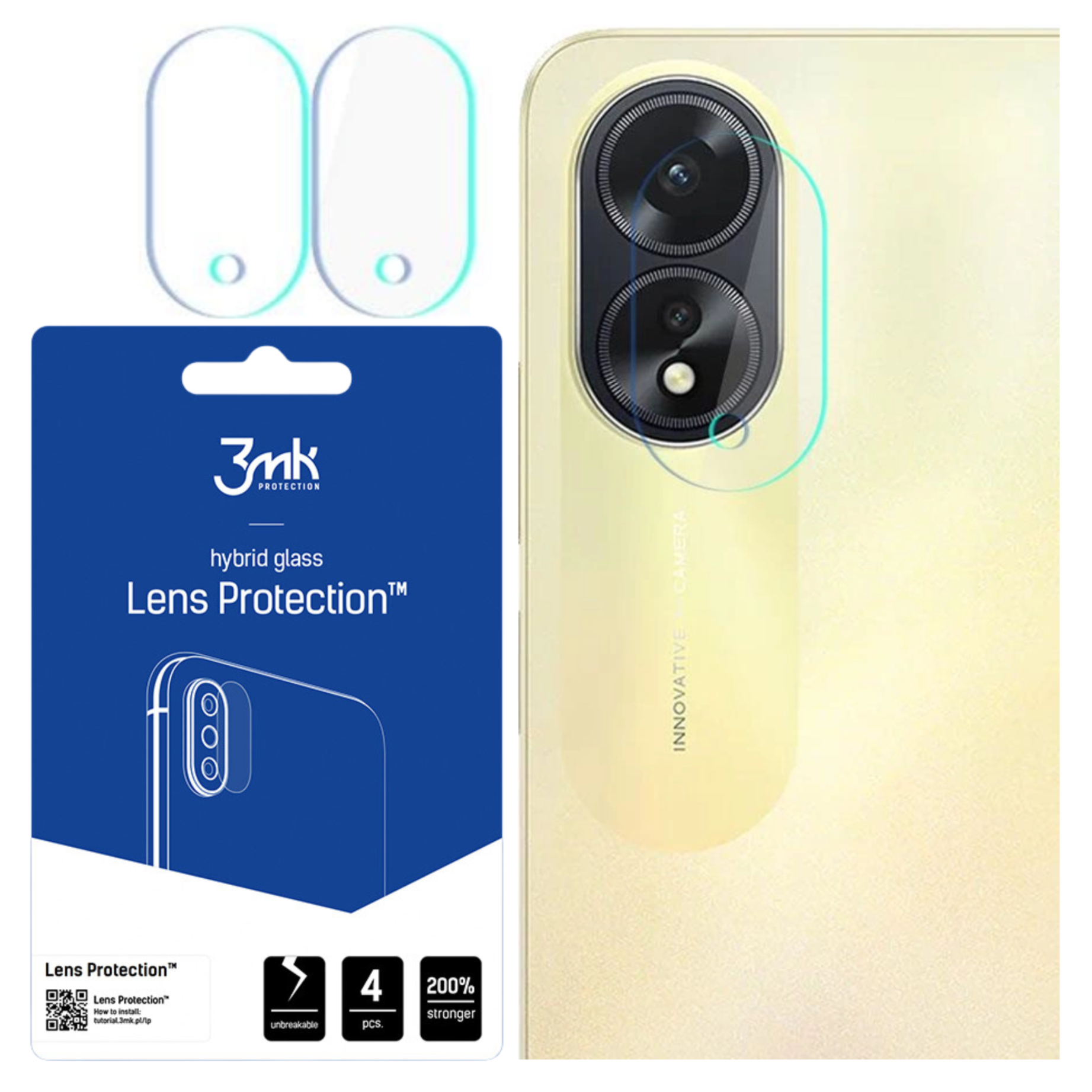 L'immagine mostra protezioni per lenti della fotocamera del telefono, un telefono e una confezione del prodotto. La confezione è blu e bianca.