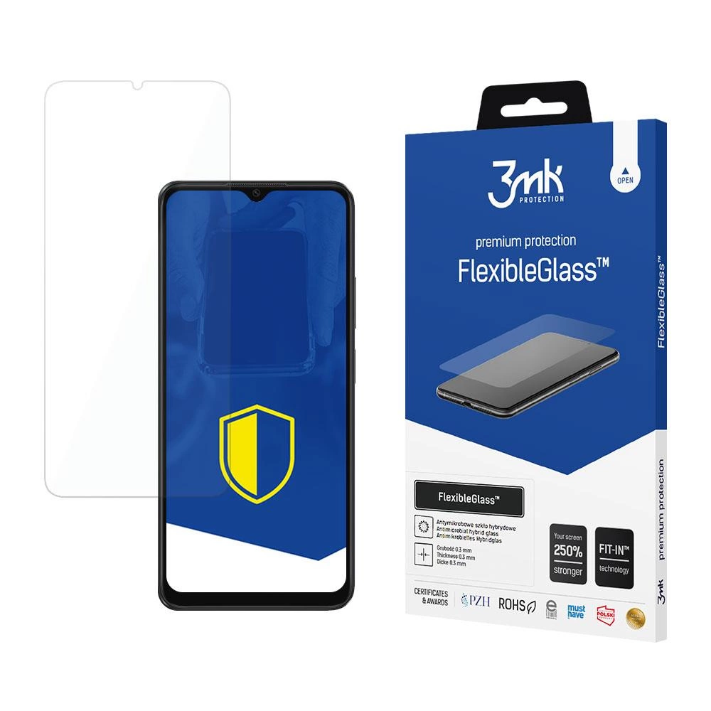 Ochraniacz ekranu i pudełko. Na pudełku napis FlexibleGlass. Telefon po lewej stronie.