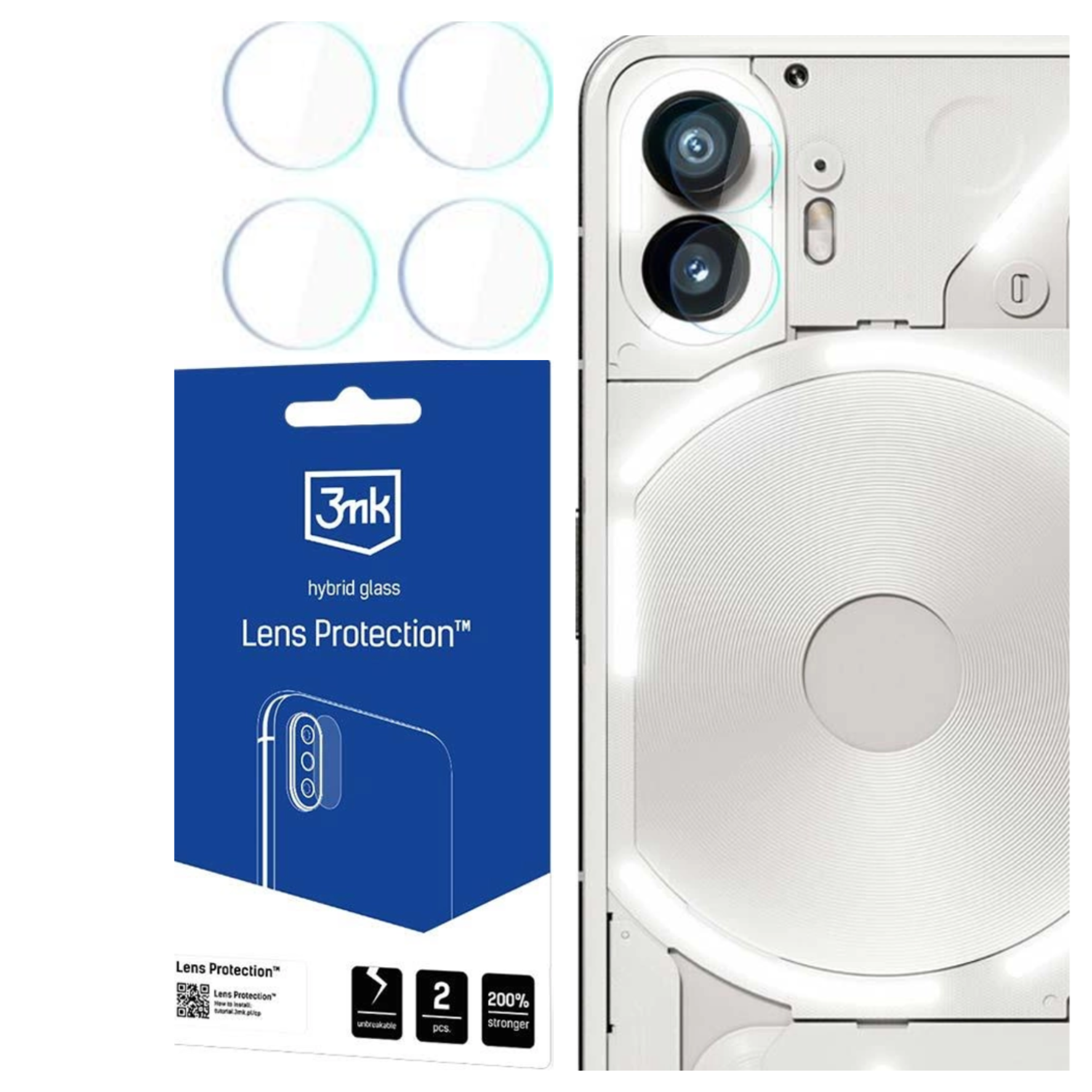 Un telefono e protezioni per lenti. Il telefono ha due fotocamere con vetro protettivo. Una scatola blu dice 'Lens Protection'.