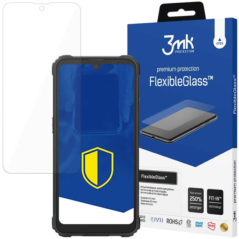 Un proteggi schermo, un telefono e la sua scatola, tutti con il marchio FlexibleGlass, sono mostrati.