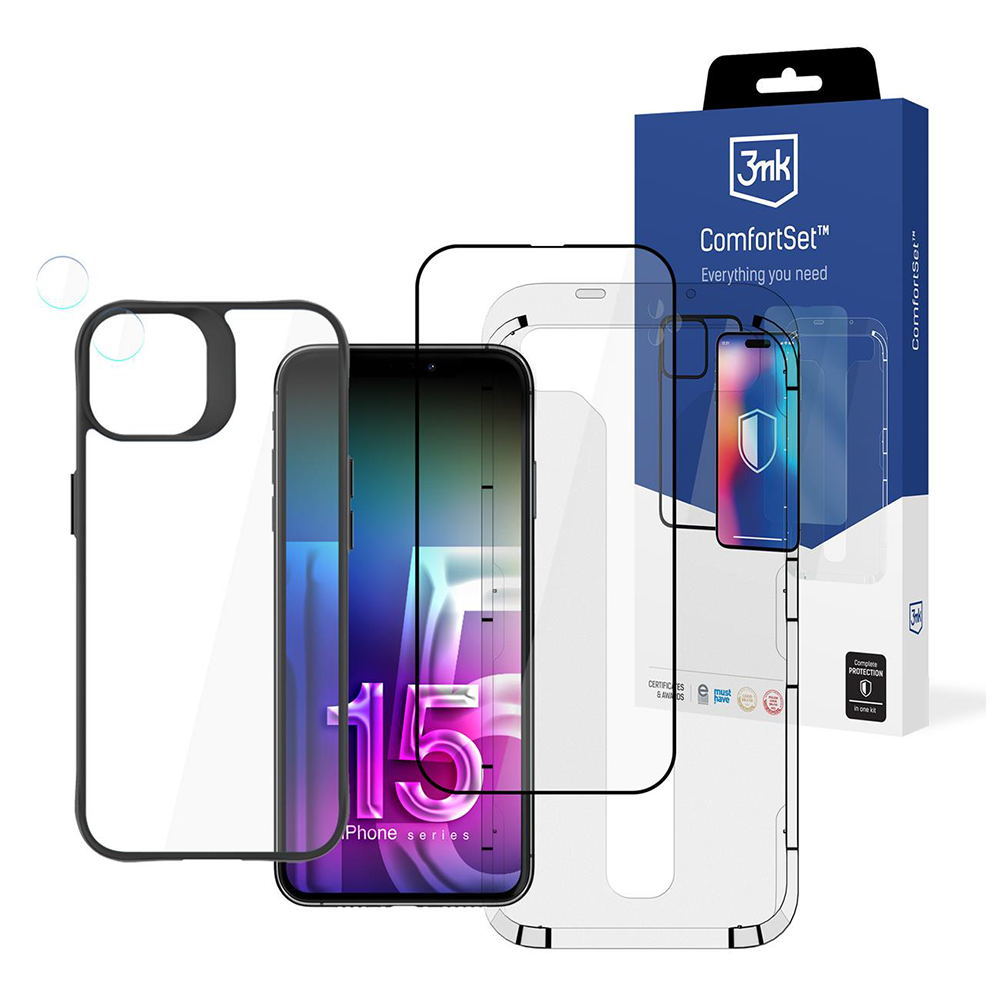 Un telefono e delle protezioni per lo schermo sono esposti con una scatola blu con l'etichetta ComfortSet. Il telefono mostra il numero 15 e le parole Phone series.