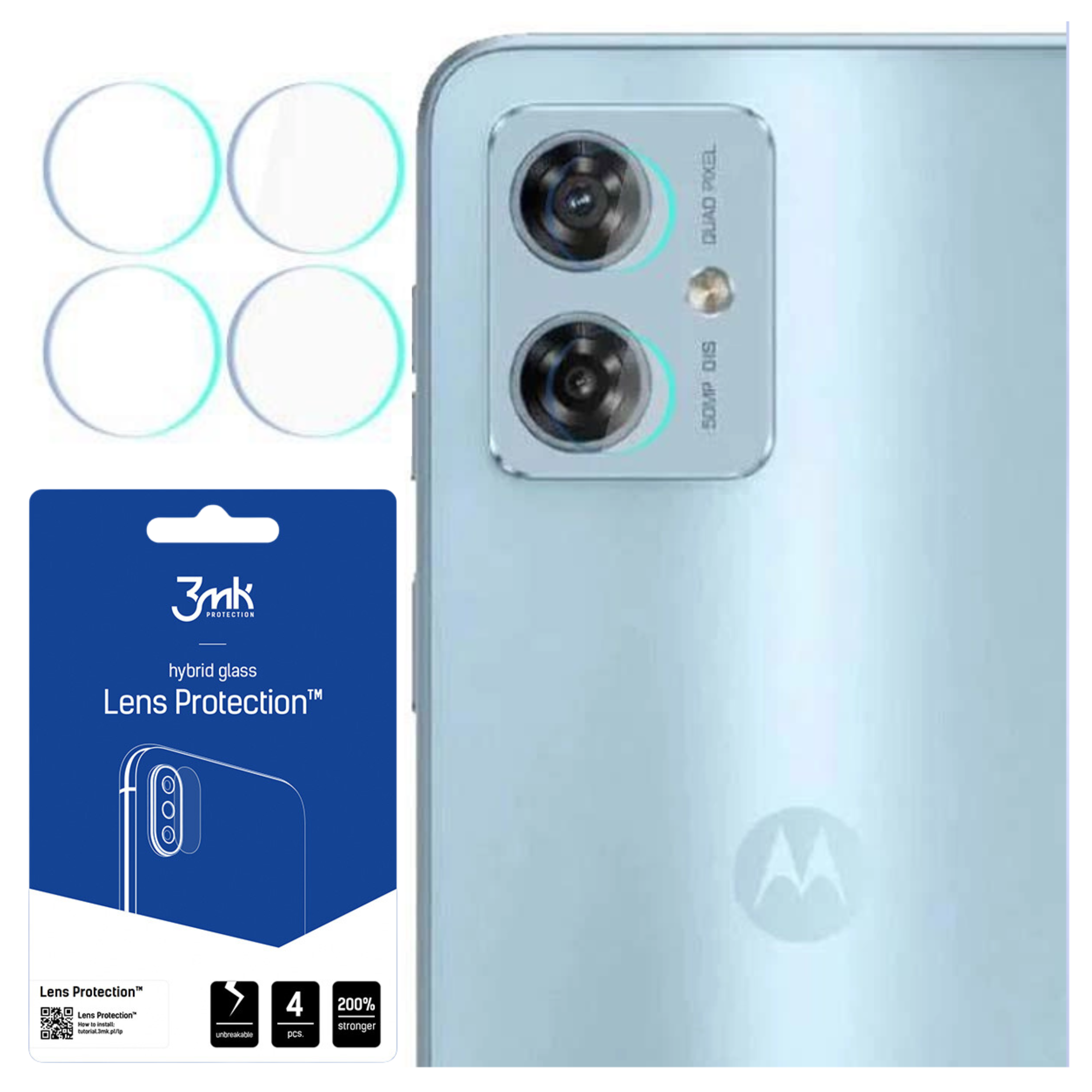 Vengono visualizzati un telefono e protezioni per lenti. Il telefono ha fotocamere e le protezioni sono in una confezione blu.
