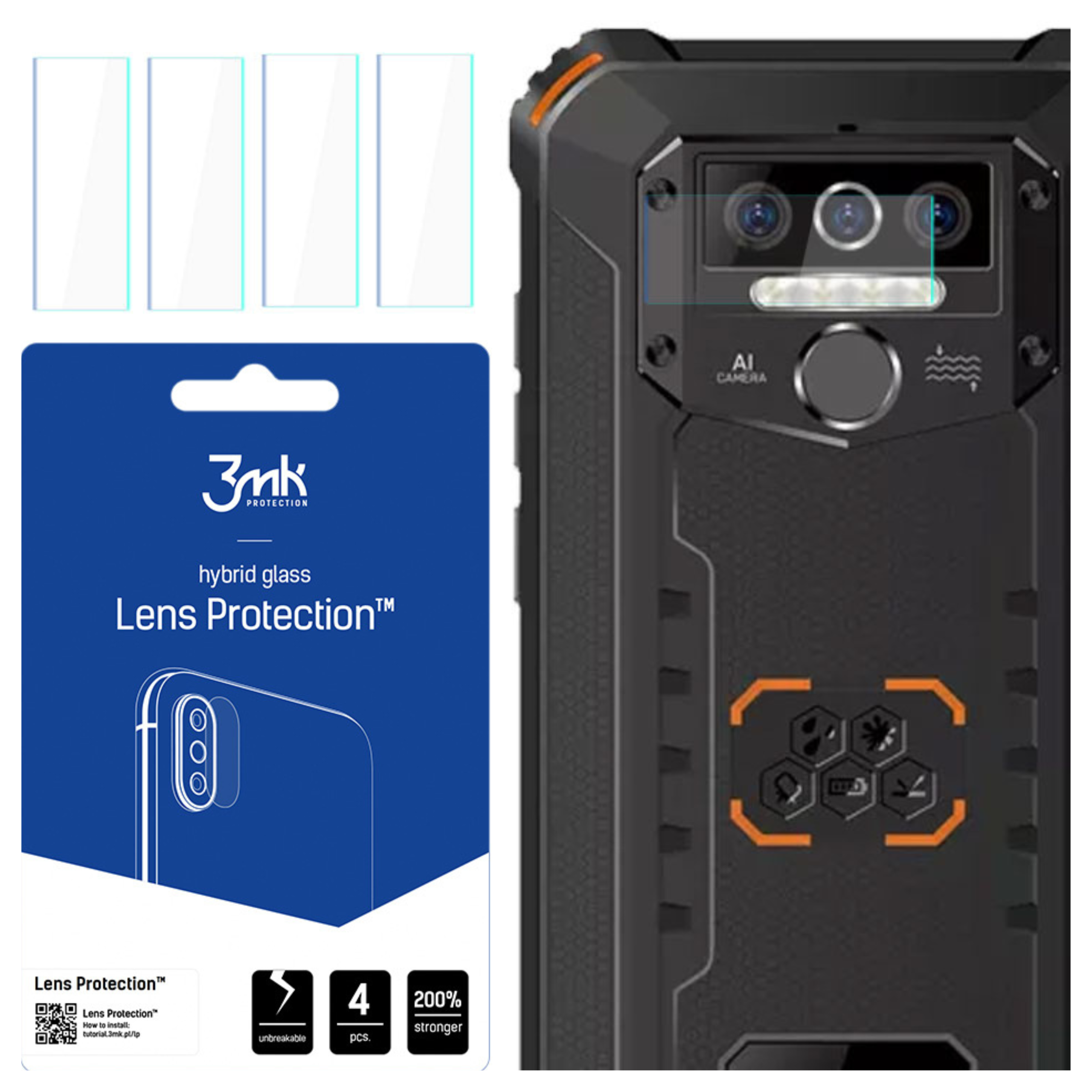 Un telefono e protezioni per lo schermo sono visualizzati. Le protezioni sono sopra una confezione blu.