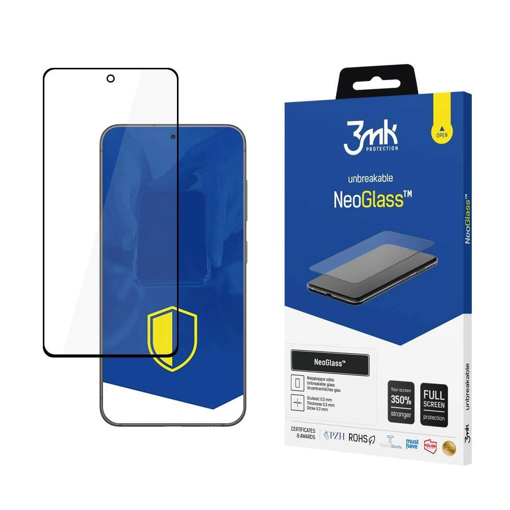 Un proteggi schermo e la sua confezione. La confezione è blu e bianca, con il marchio NeoGlass.